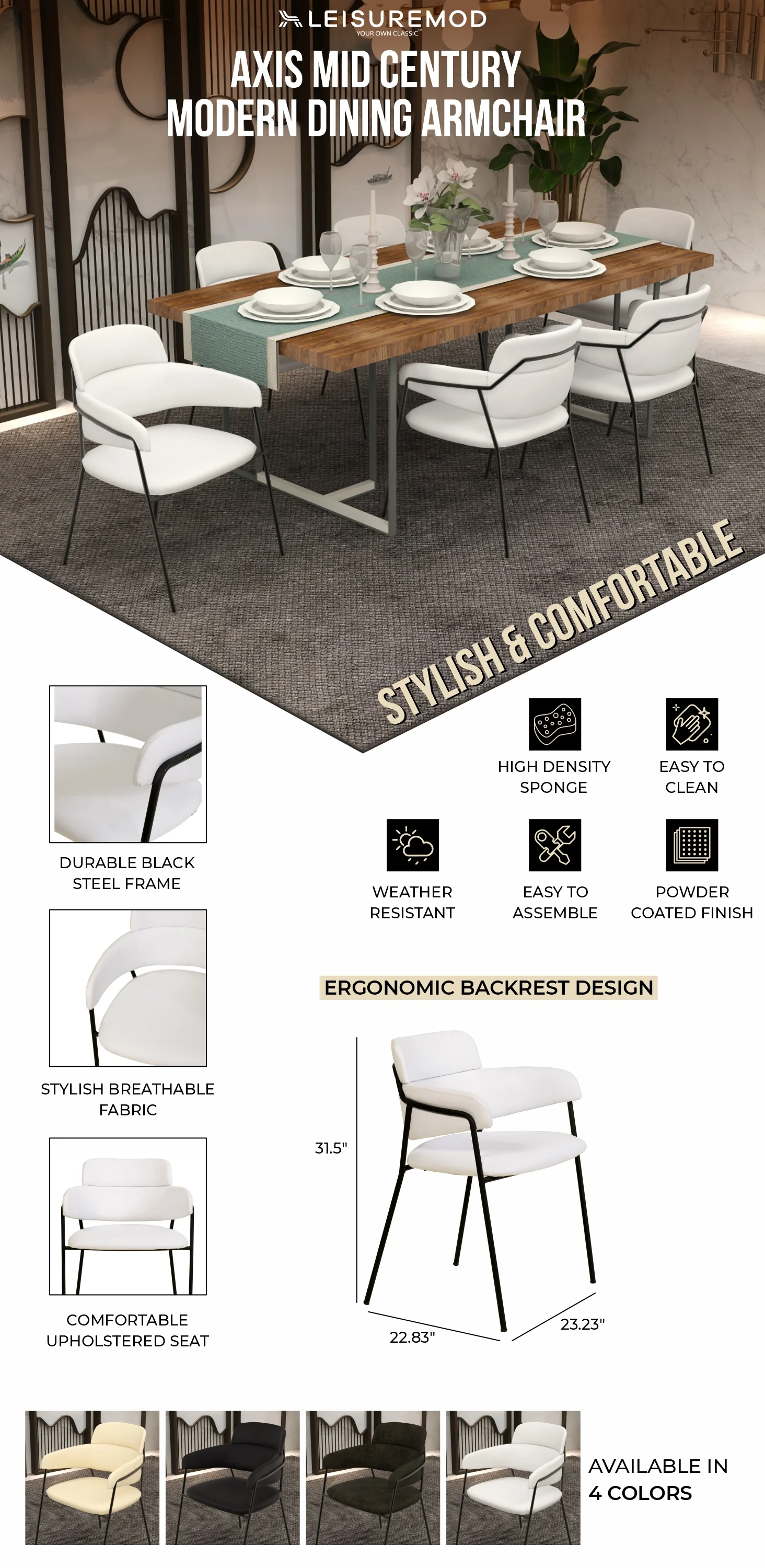 Axis Collection Modern Dining Chair in White - Set of 2