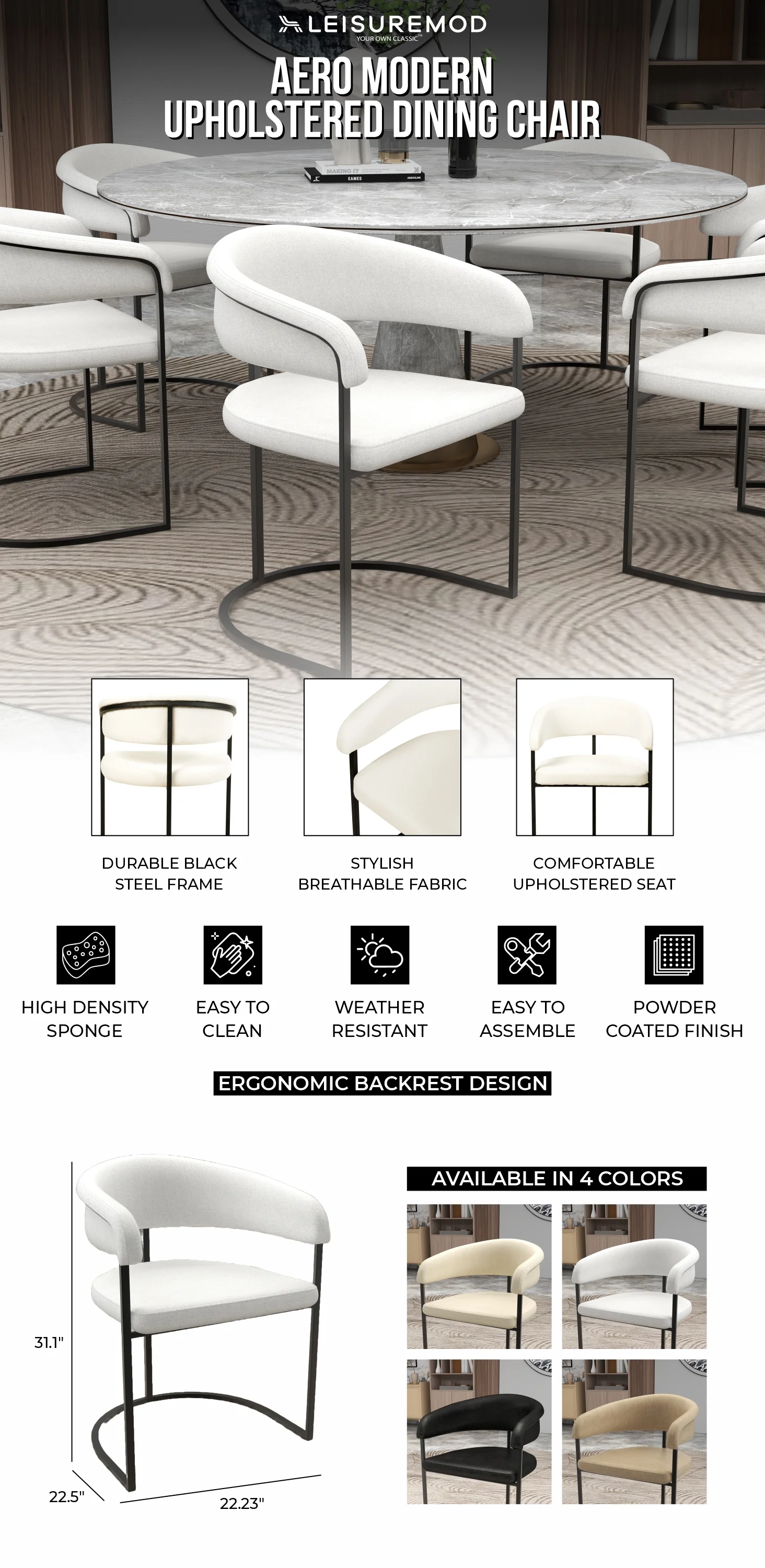 Aero Collection Modern Dining Chair in White Set of 2