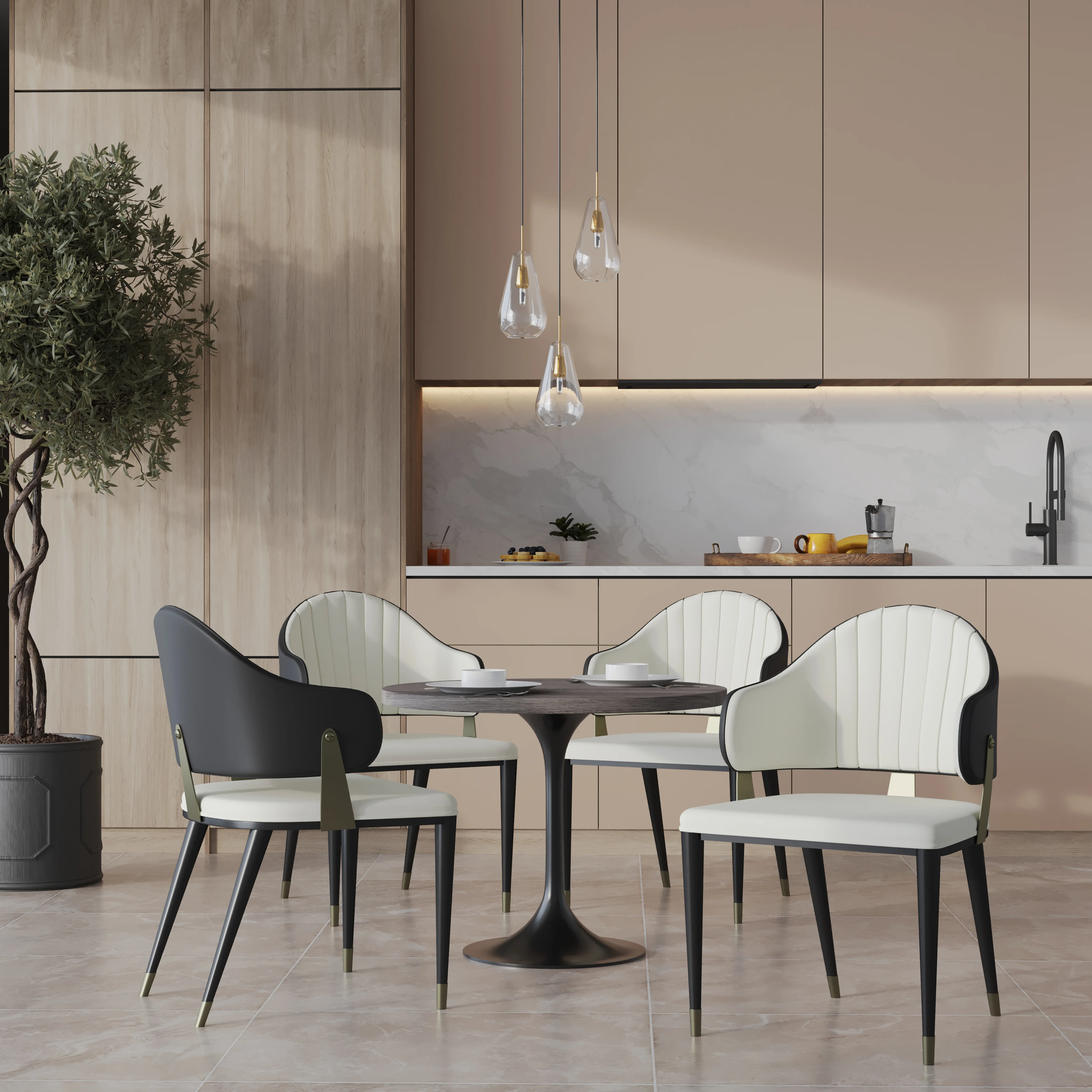 Verve 5-Piece Dining Set with 36" Round Resin Top Table and 4 Leather Dining Chair in Black