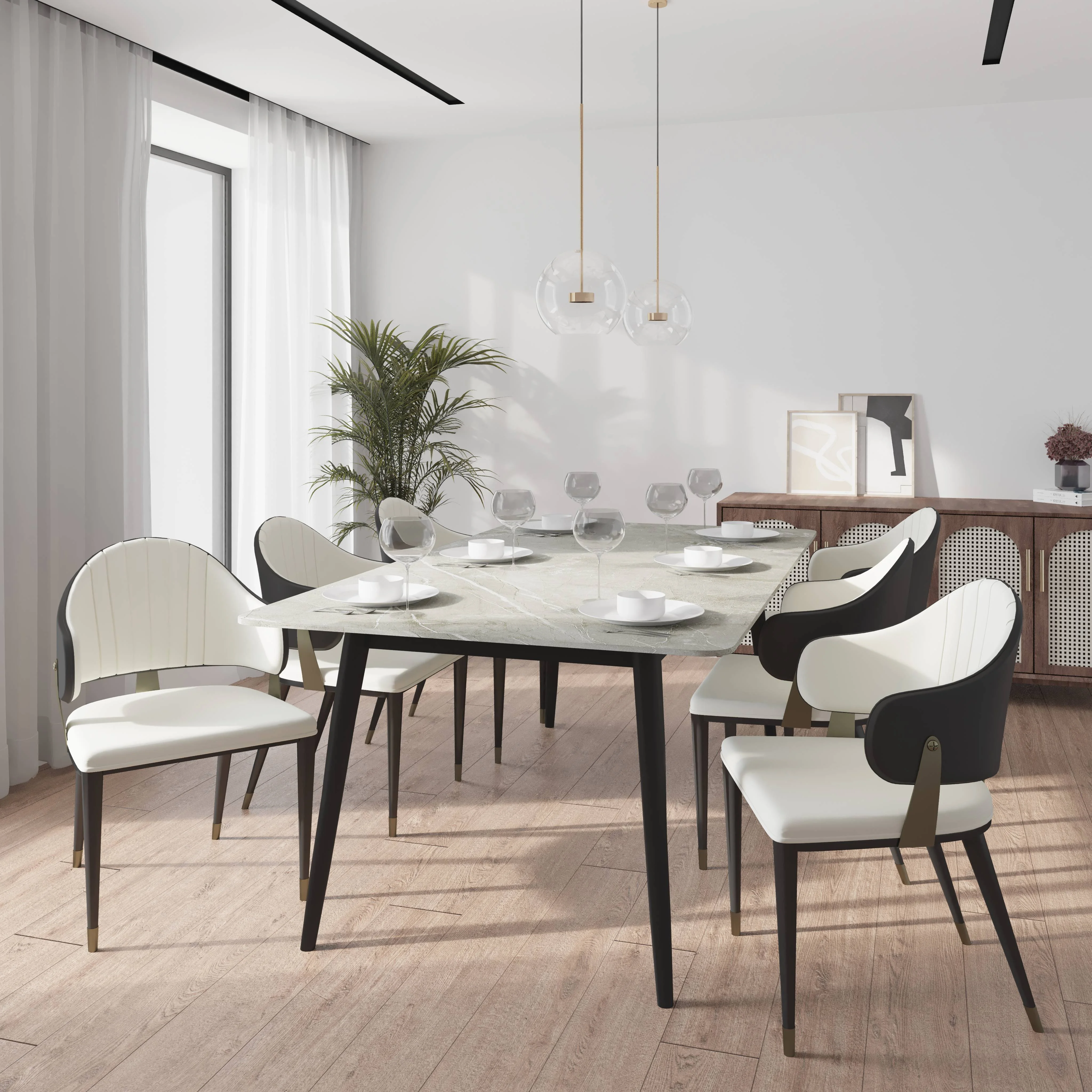 Zayle 7-Piece Dining Set with 55" Rectangular Sintered Stone Top Table and 4 Leather Dining Chair in Black