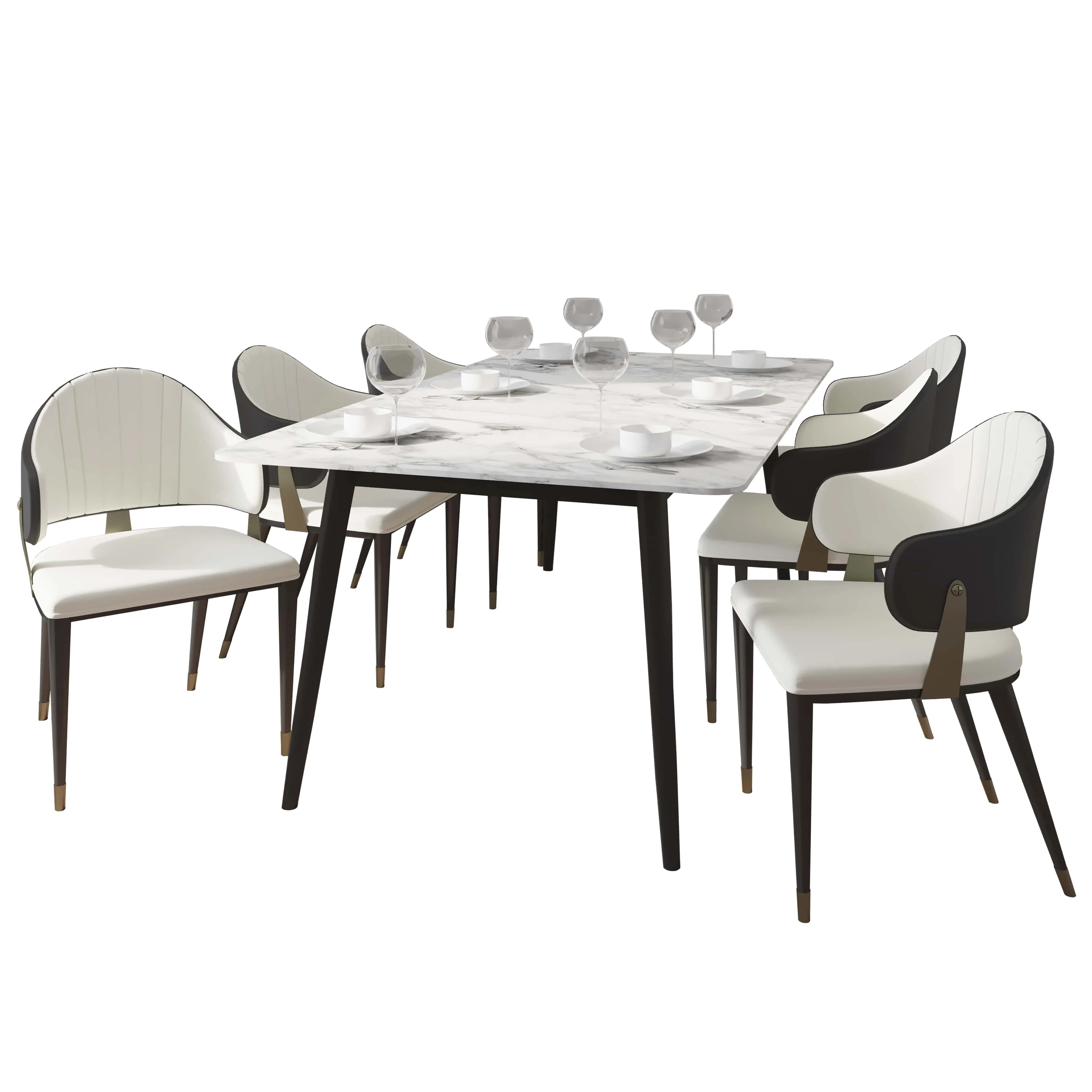 Zayle 7-Piece Dining Set with 55" Rectangular Dining Table in White/Gold Sintered Stone Top and 6 Leather Dining Chairs in Black