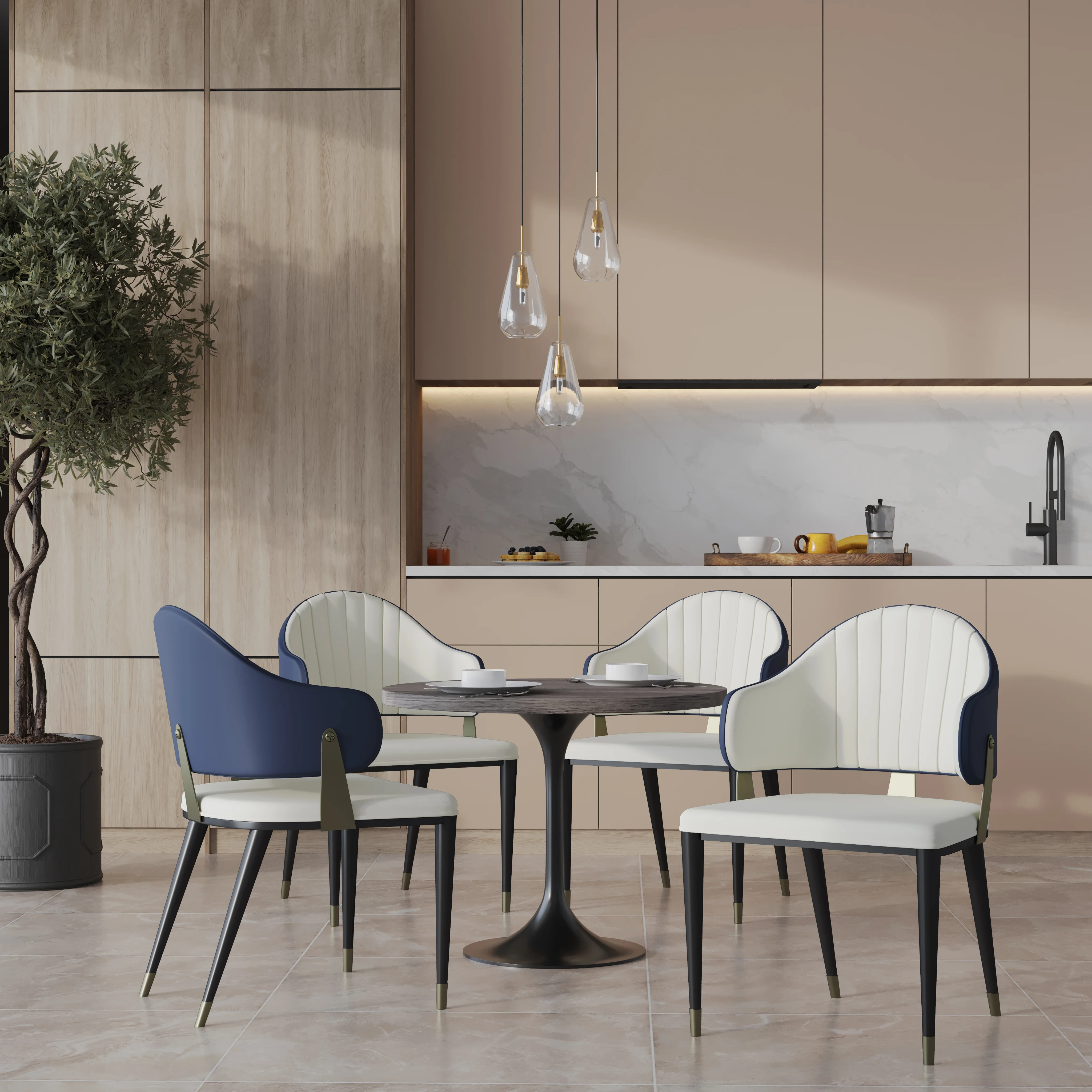 Verve 5-Piece Dining Set with 36" Round Resin Top Table and 4 Leather Dining Chair in Blue