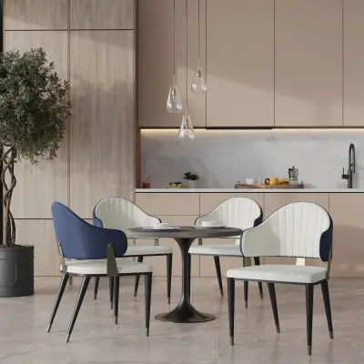 Verve 5-Piece Dining Set with 36" Round Resin Top Table and 4 Leather Dining Chair in Blue