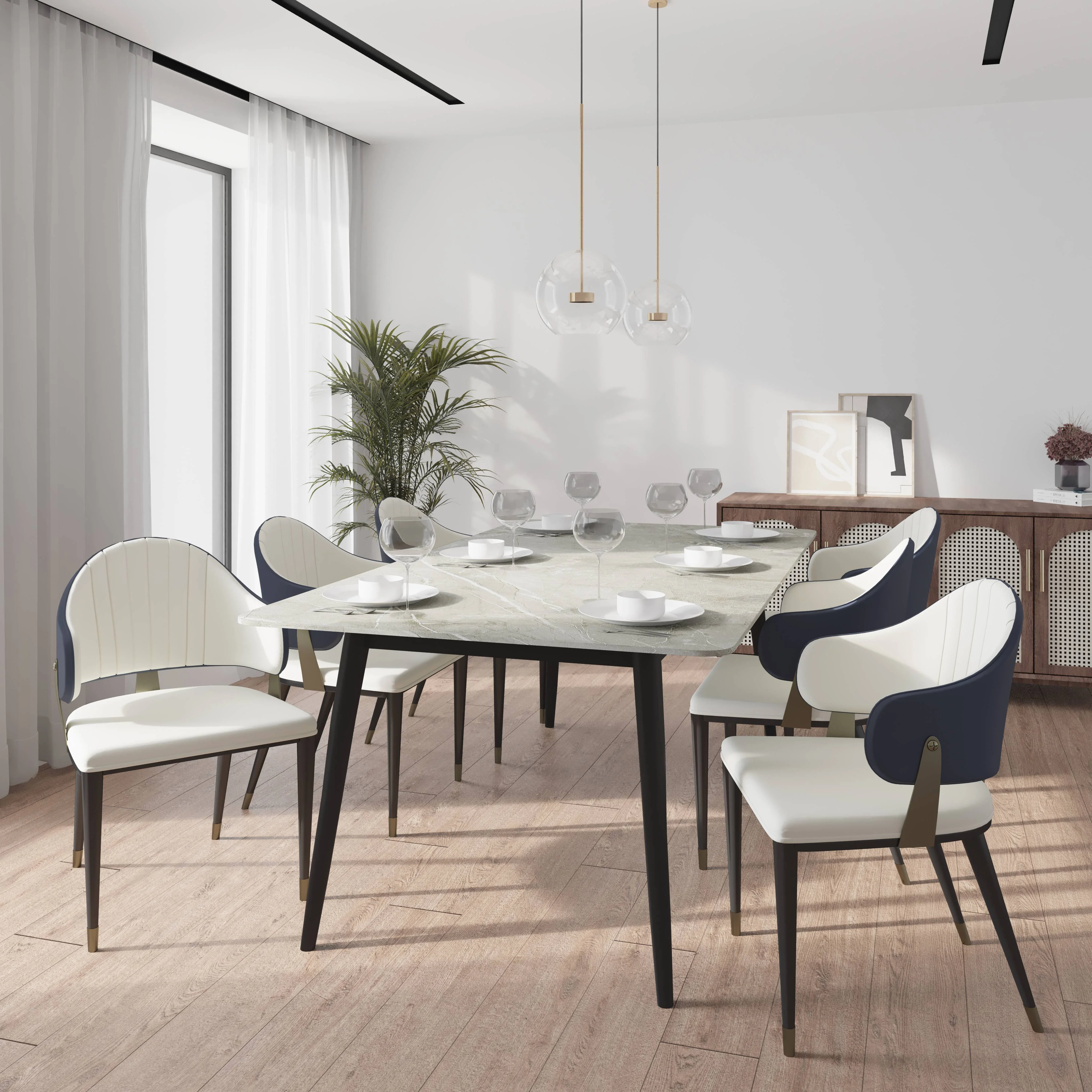 Zayle 7-Piece Dining Set with 55" Rectangular Sintered Stone Top Table and 4 Leather Dining Chair in Blue