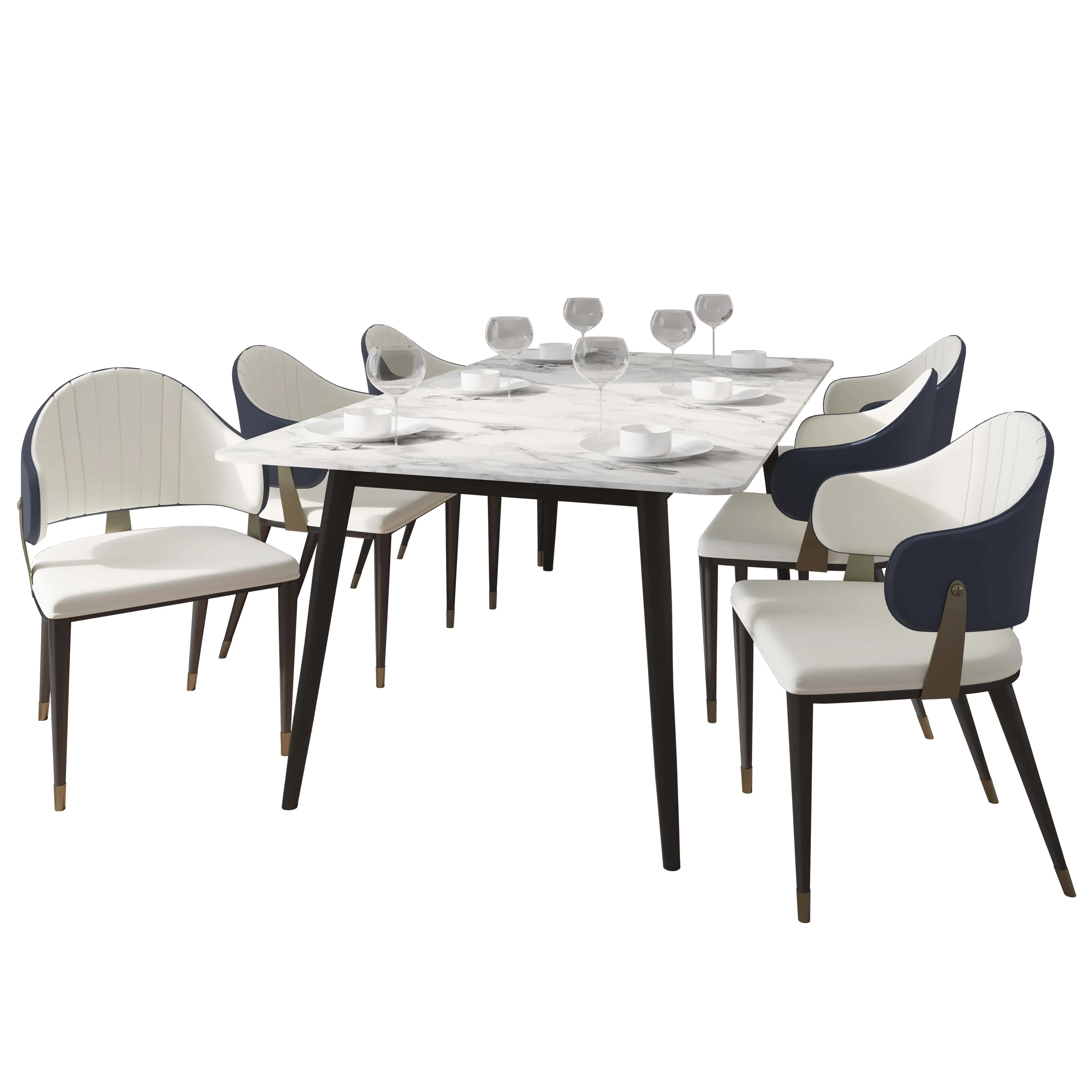 Zayle 7-Piece Dining Set with 55" Rectangular Dining Table in White/Gold Sintered Stone Top and 6 Leather Dining Chairs in Blue