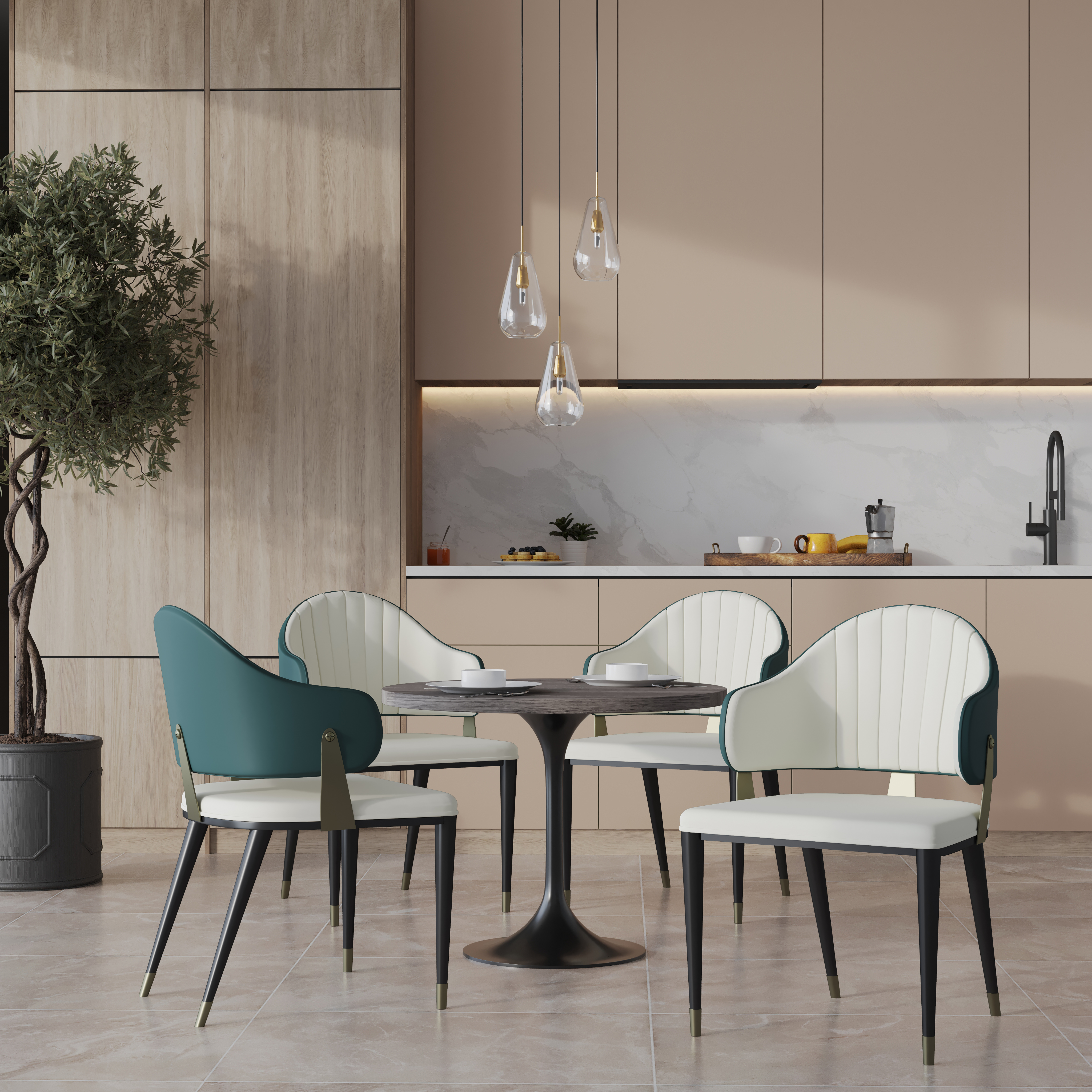 Verve 5-Piece Dining Set with 36" Round Resin Top Table and 4 Leather Dining Chair in Green