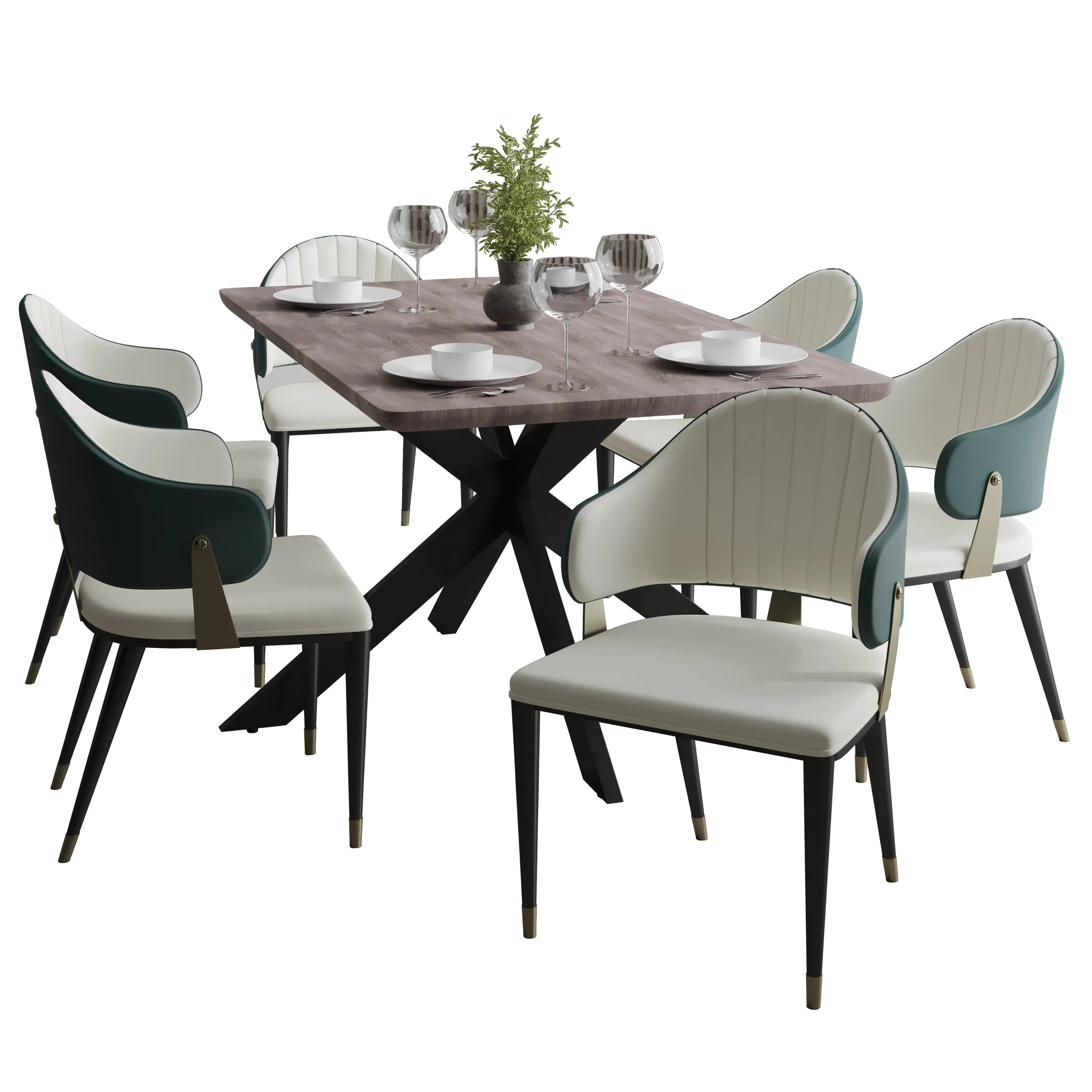 Ravenna 7-Piece Dining Set with Rectangular Dining Table in Rustic Gray MDF Top and 4 Dining Chairs in Green Leather