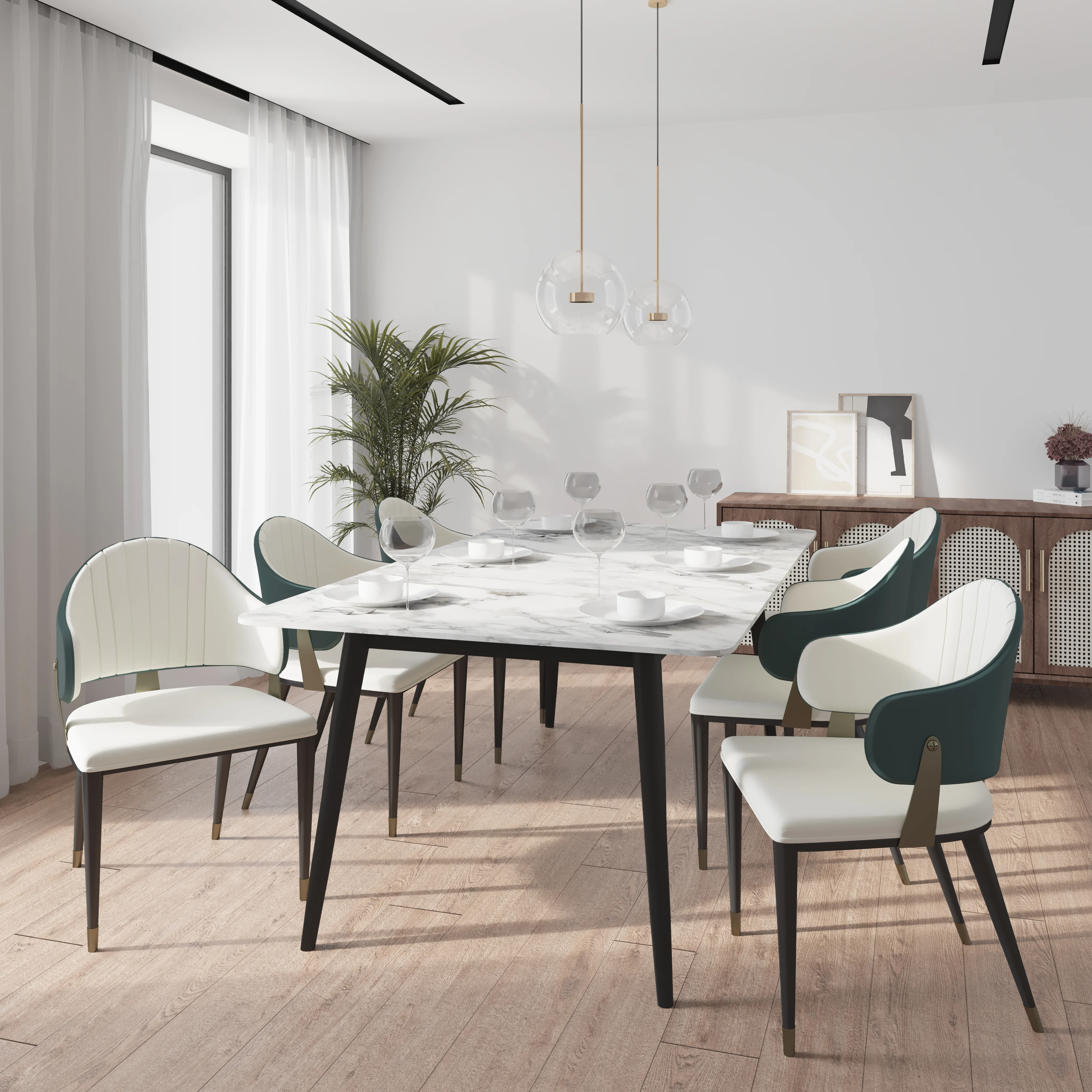 Zayle 7-Piece Dining Set with 55" Rectangular Dining Table in White/Gold Sintered Stone Top and 6 Leather Dining Chairs in Green