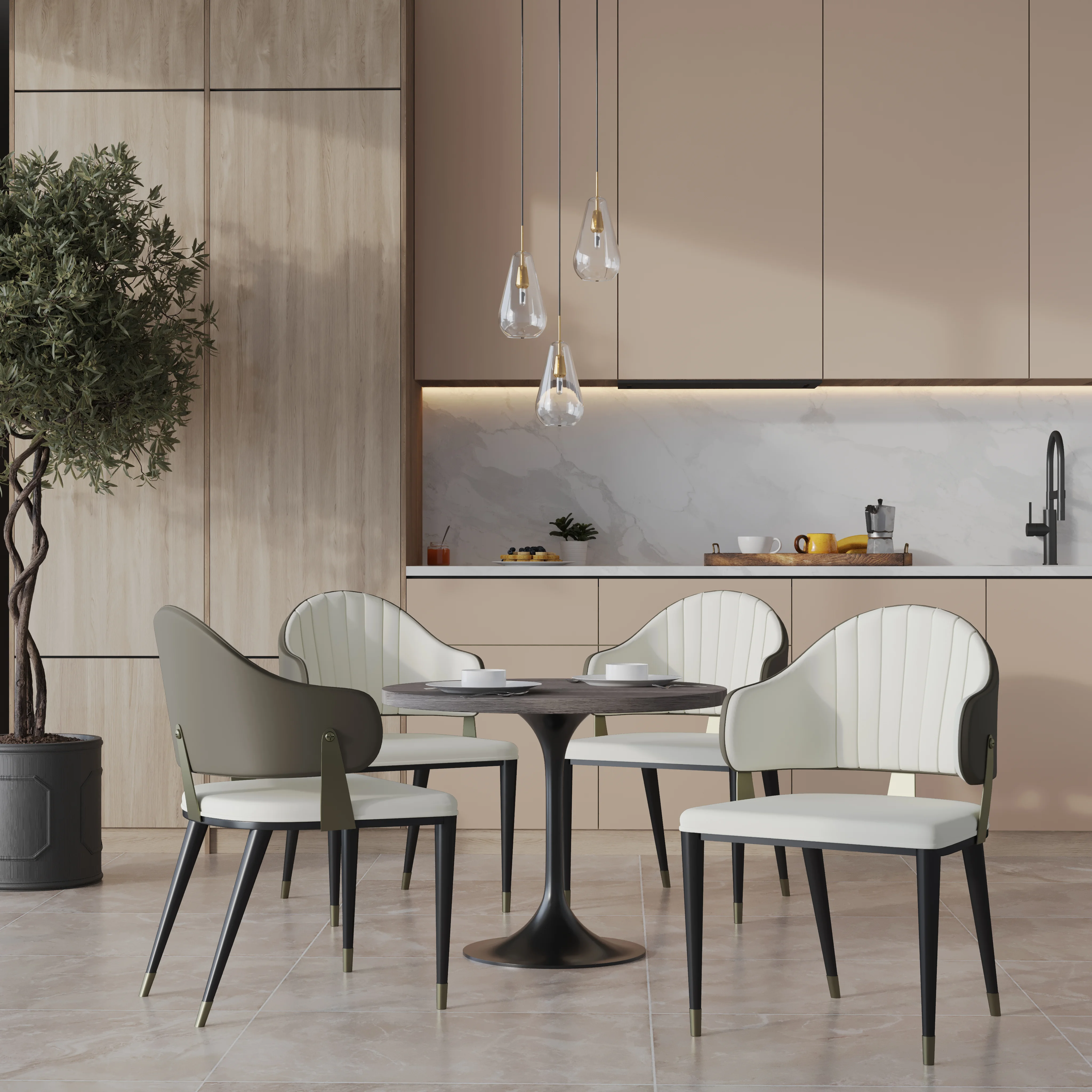 Verve 5-Piece Dining Set with 36" Round Resin Top Table and 4 Leather Dining Chair in Grey