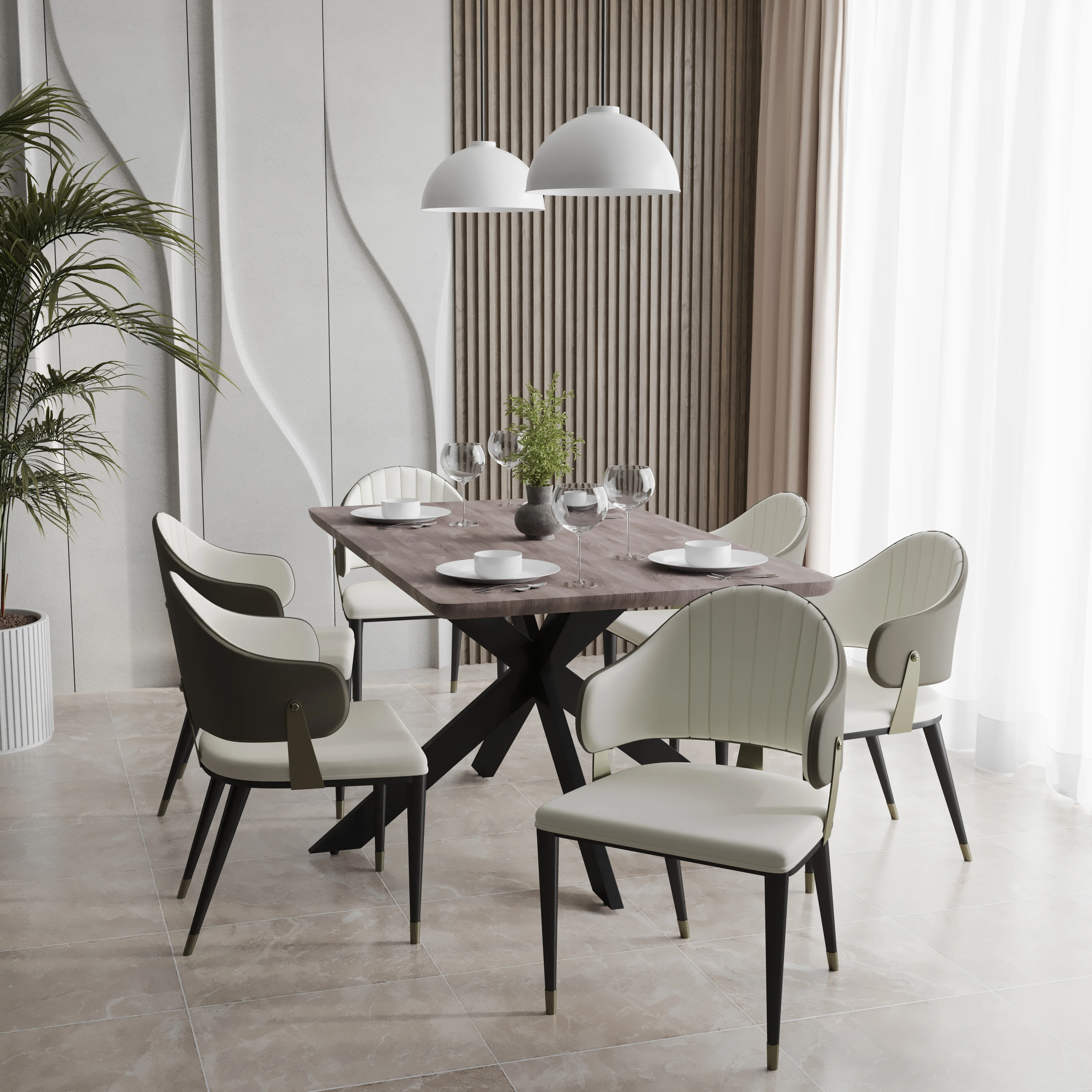 Ravenna 7-Piece Dining Set with Rectangular Dining Table in Rustic Gray MDF Top and 4 Dining Chairs in Grey Leather