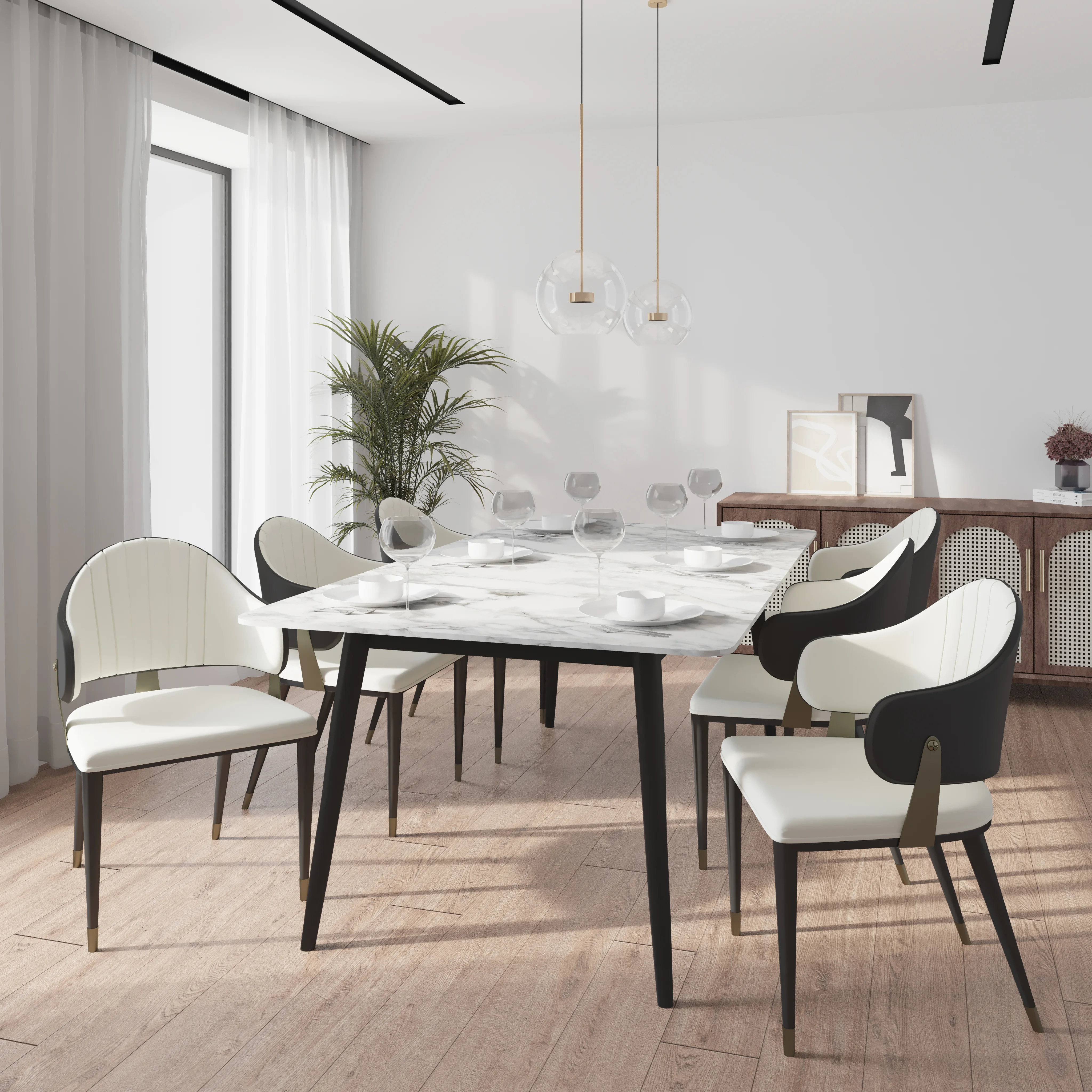 Zayle 7-Piece Dining Set with 55" Rectangular Dining Table in White/Gold Sintered Stone Top and 6 Leather Dining Chairs in Grey