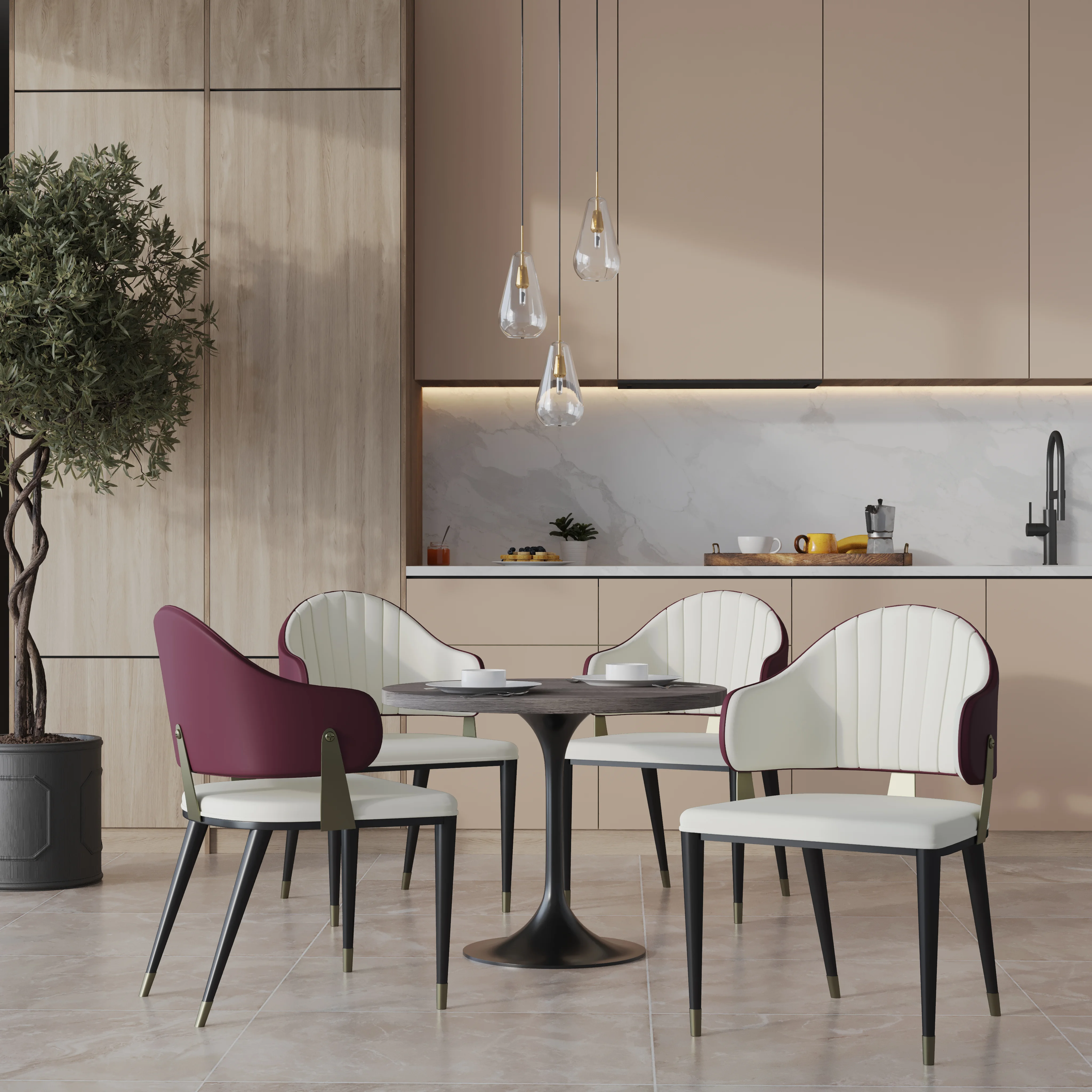 Verve 5-Piece Dining Set with 36" Round Resin Top Table and 4 Leather Dining Chair in Red