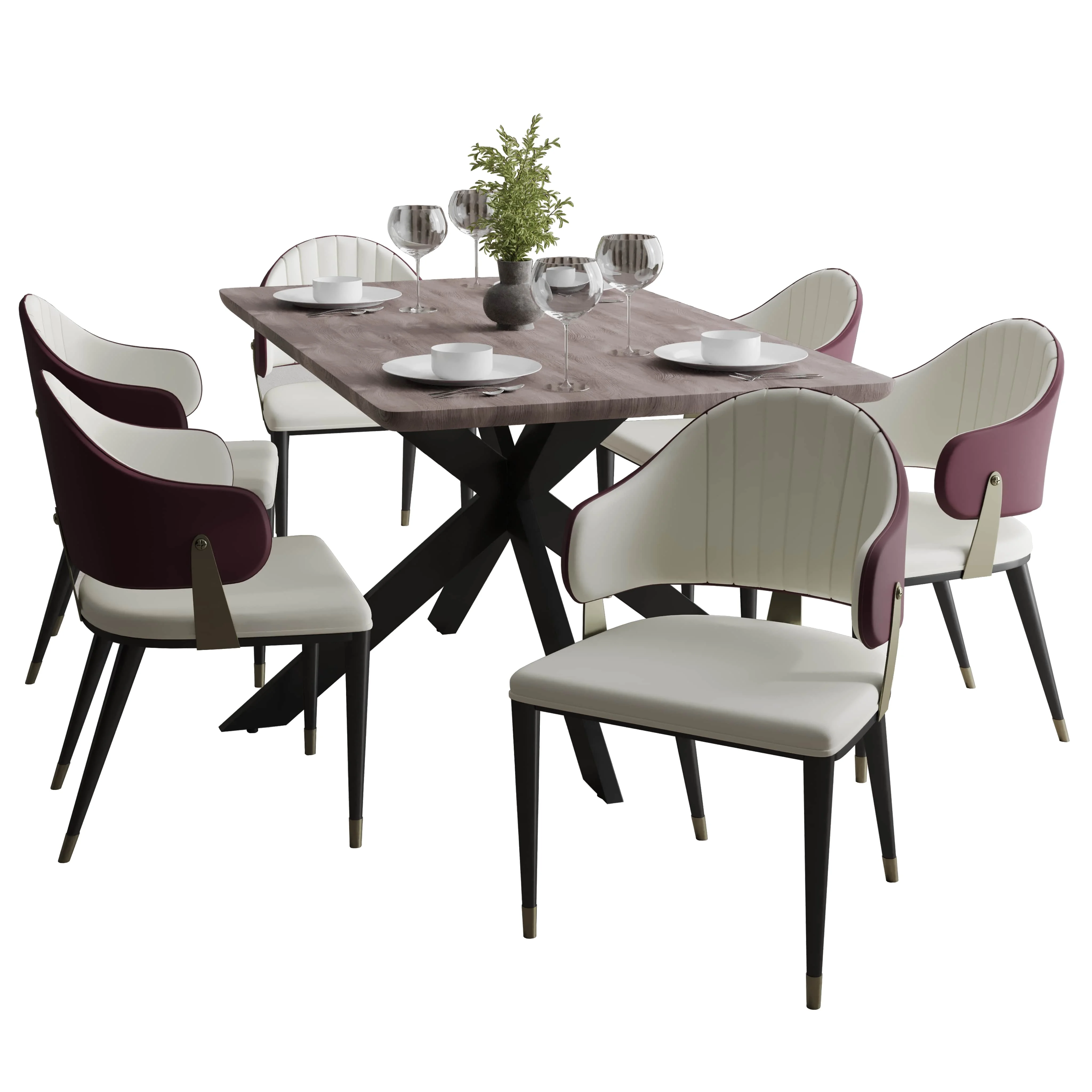 Ravenna 7-Piece Dining Set with Rectangular Dining Table in Rustic Gray MDF Top and 4 Dining Chairs in Red Leather
