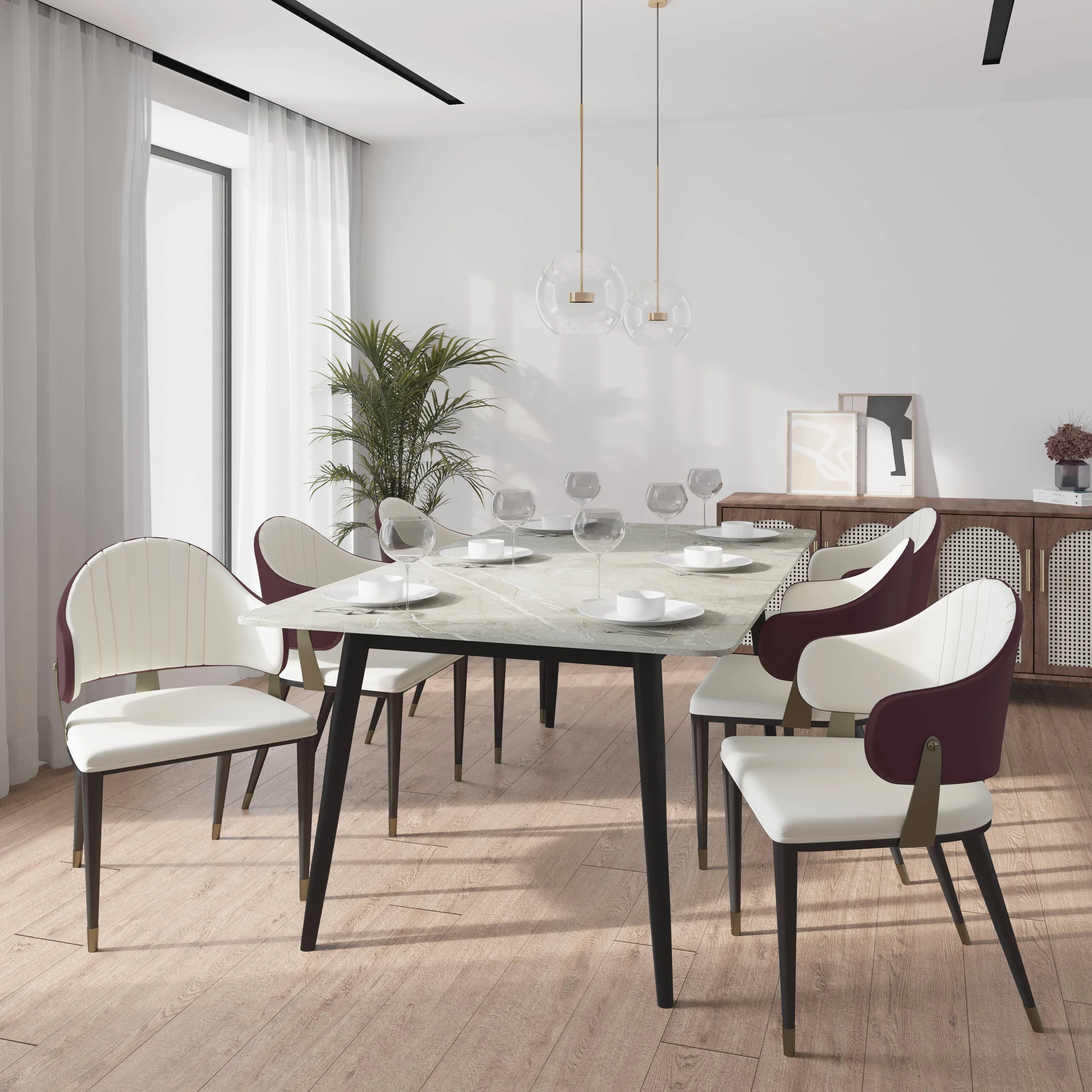 Zayle 7-Piece Dining Set with 55" Rectangular Sintered Stone Top Table and 4 Leather Dining Chair in Red