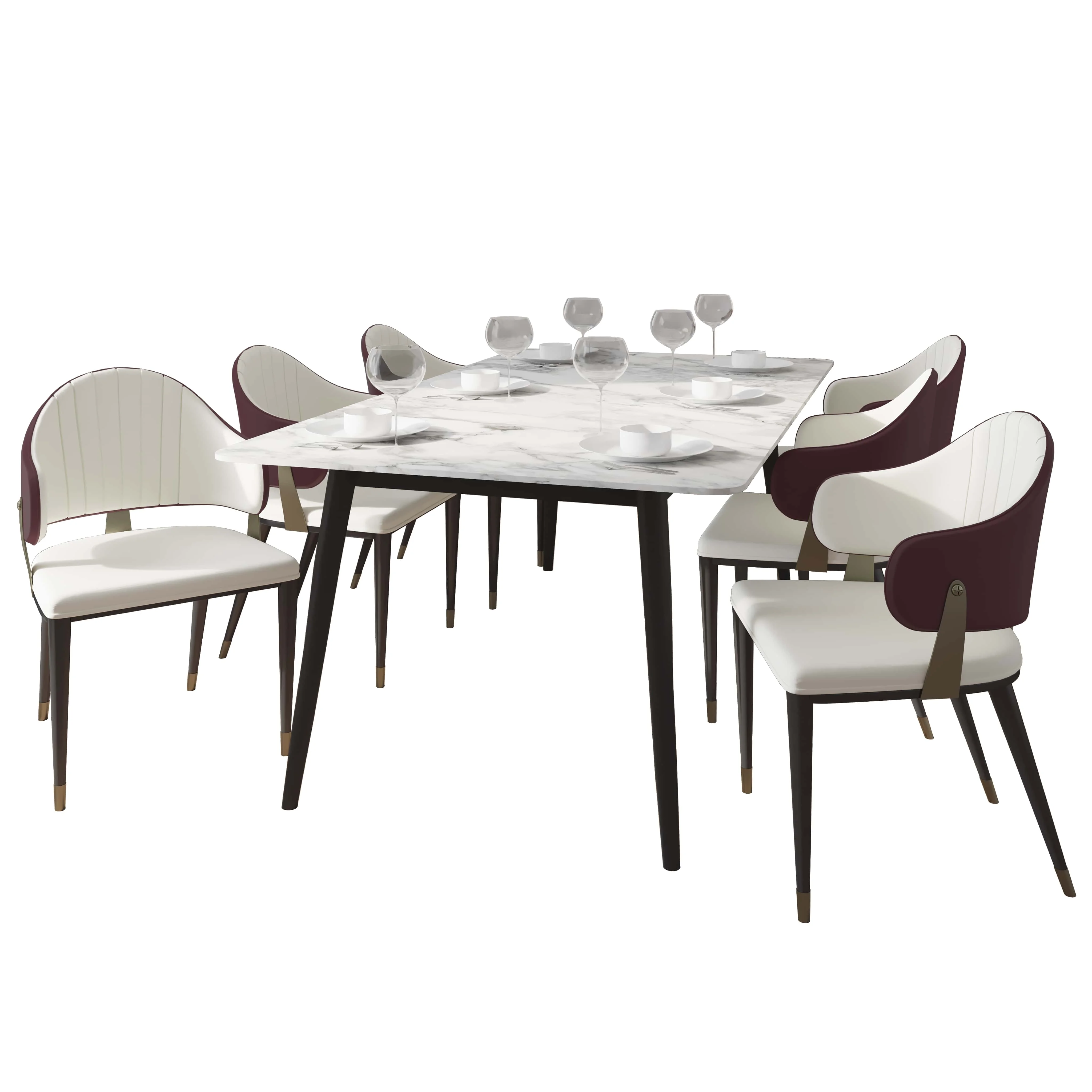 Zayle 7-Piece Dining Set with 55" Rectangular Dining Table in White/Gold Sintered Stone Top and 6 Leather Dining Chairs in Red