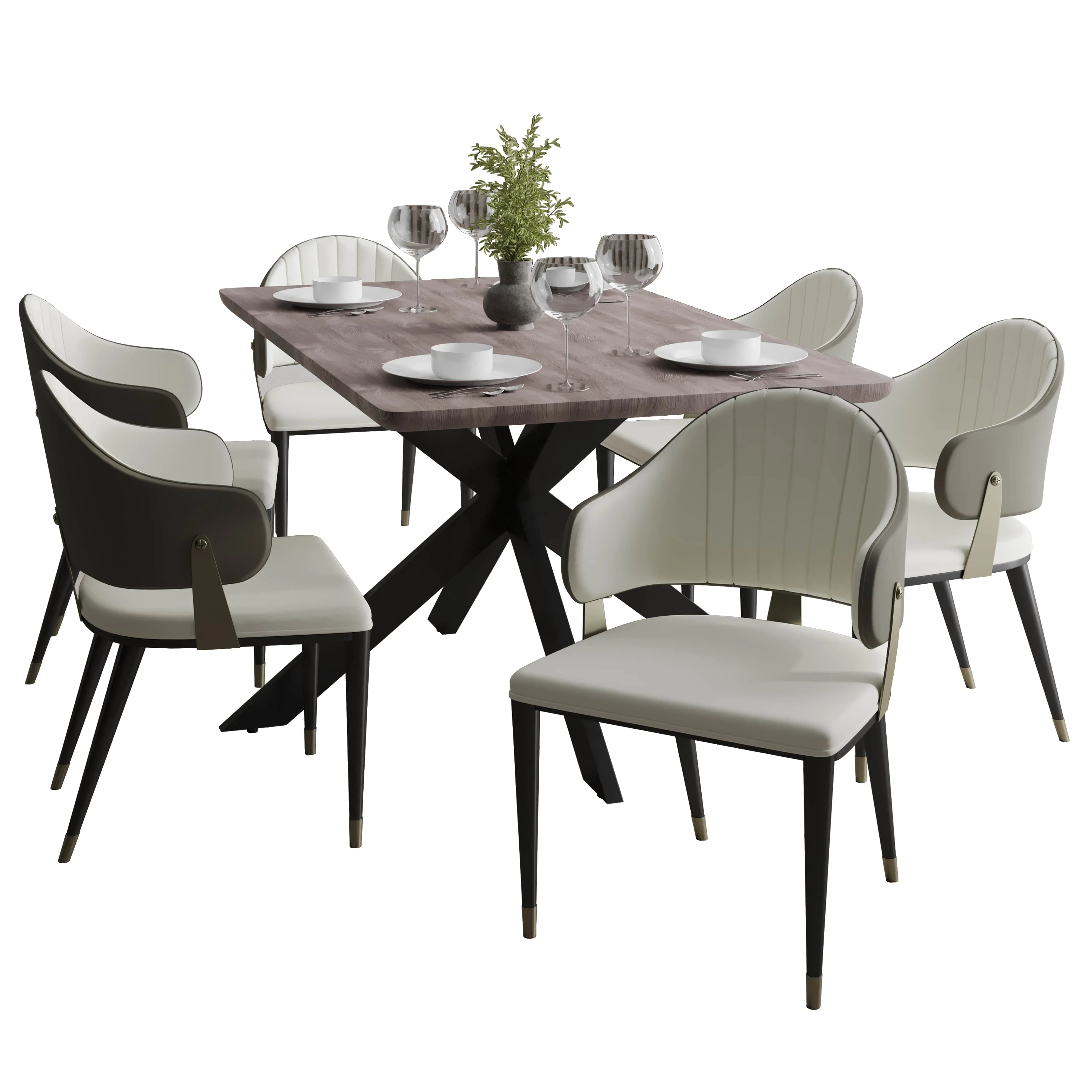 Ravenna 7-Piece Dining Set with Rectangular Dining Table in Rustic Gray MDF Top and 4 Dining Chairs in Taupe Leather