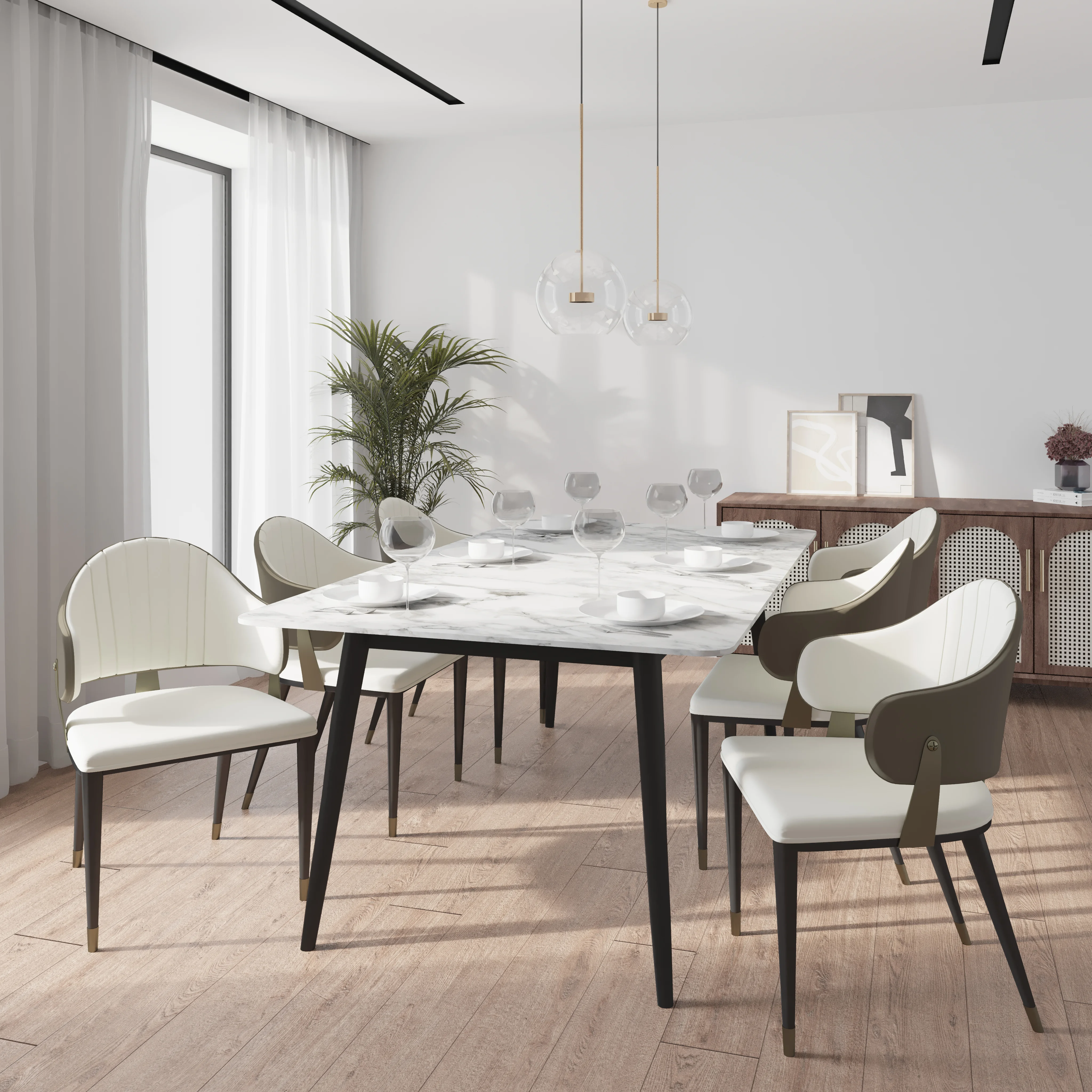 Zayle 7-Piece Dining Set with 55" Rectangular Dining Table in White/Gold Sintered Stone Top and 6 Leather Dining Chairs in Taupe