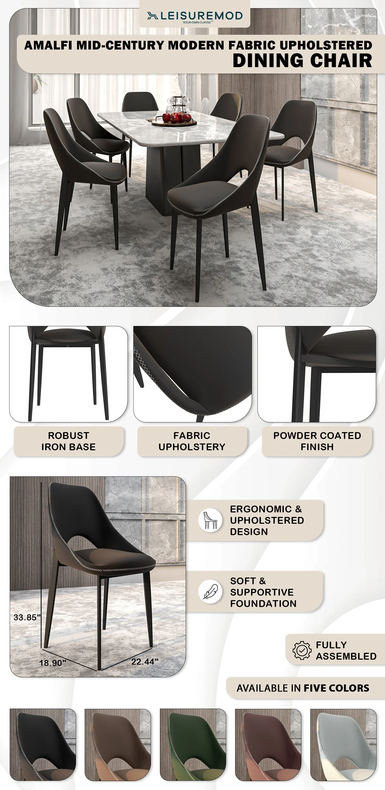 Amalfi Collection Fabric Modern Dining Chair in Charcoal - Set of 2