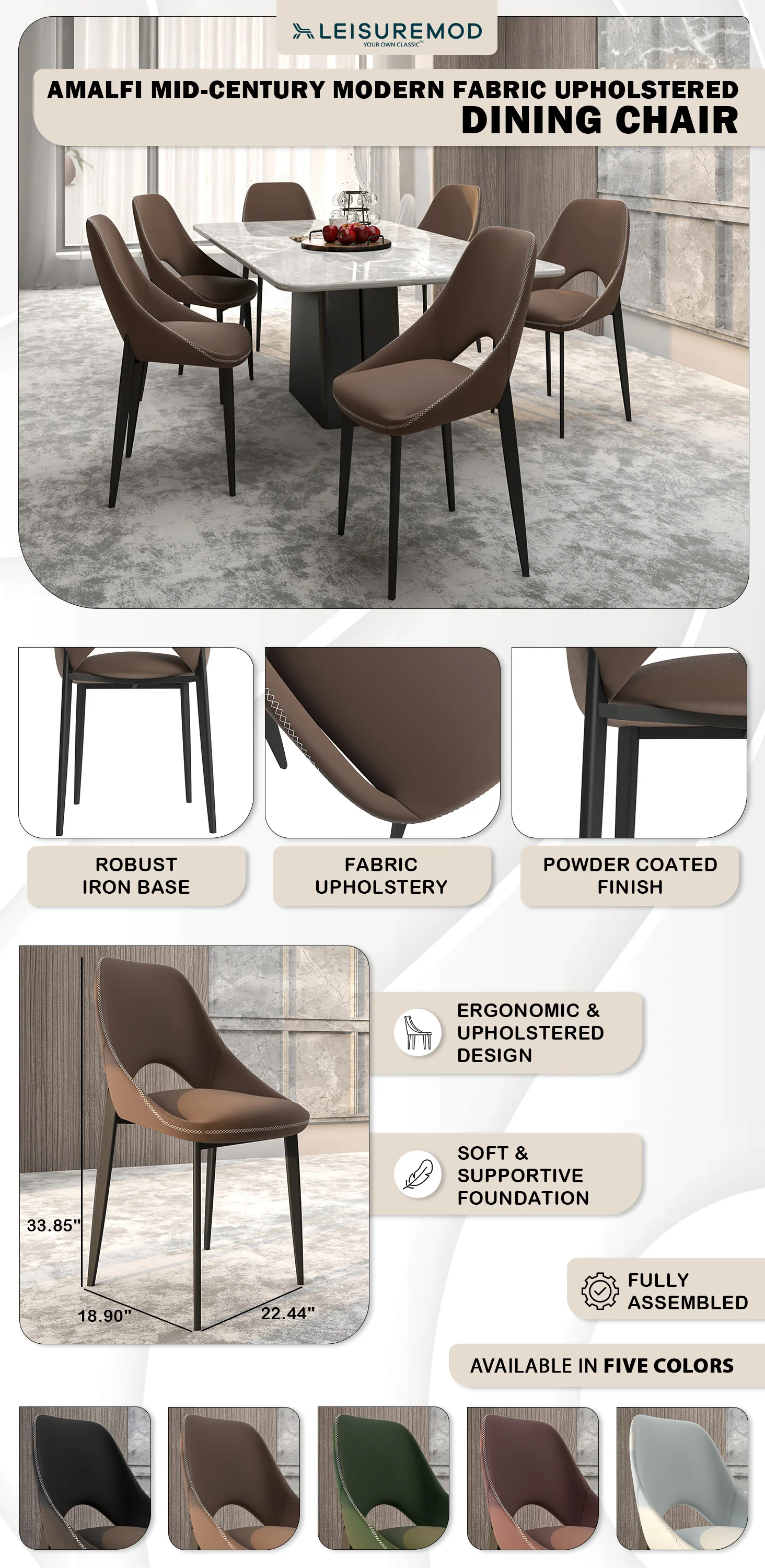 Amalfi Collection Fabric Modern Dining Chair in Light Brown - Set of 4