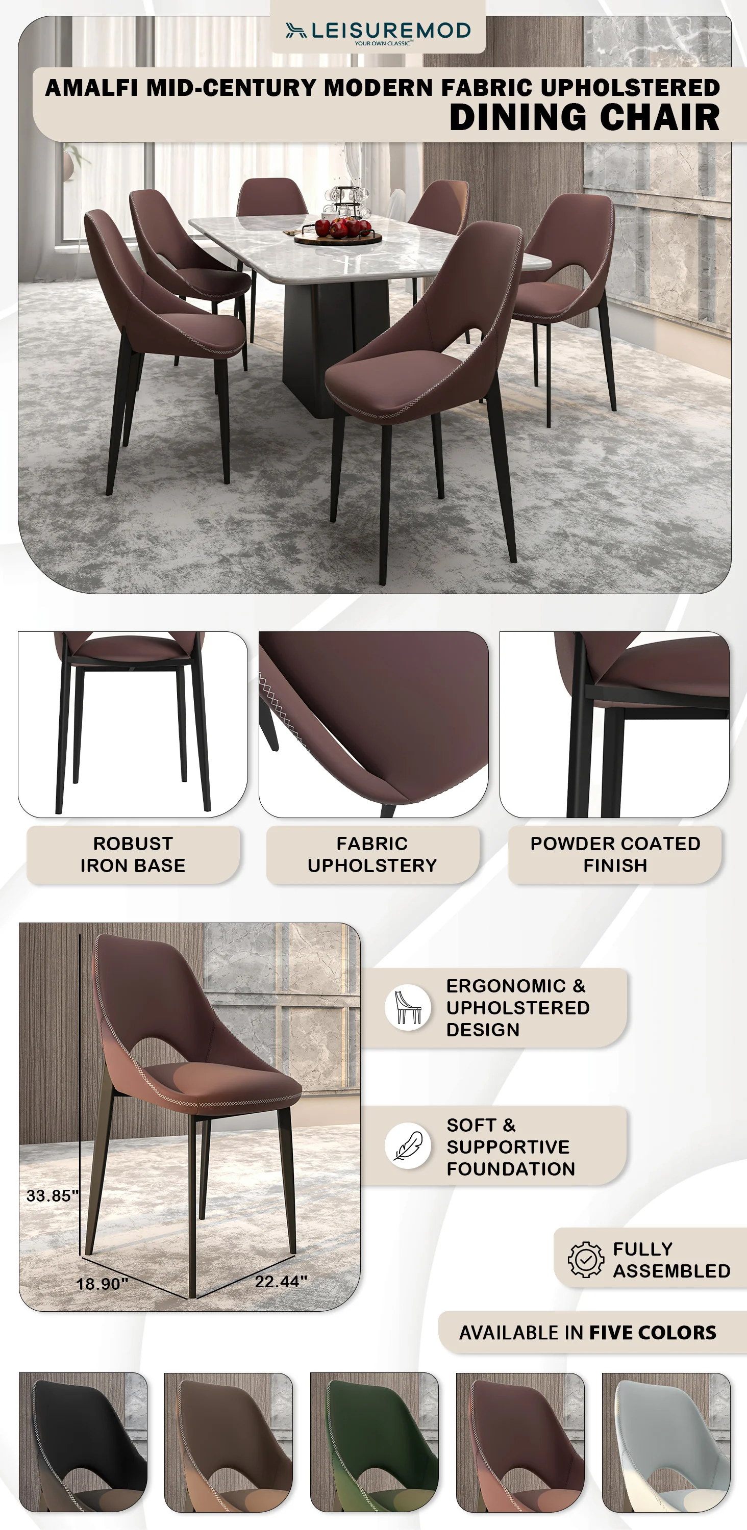 Amalfi Collection Fabric Modern Dining Chair in Plum Purple - Set of 4