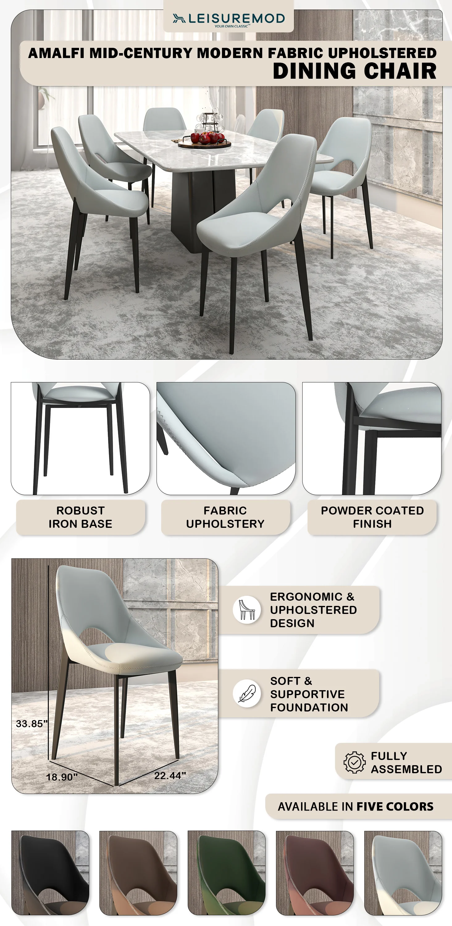 Amalfi Collection Modern Fabric Dining Chair in Coconut White - Set of 4