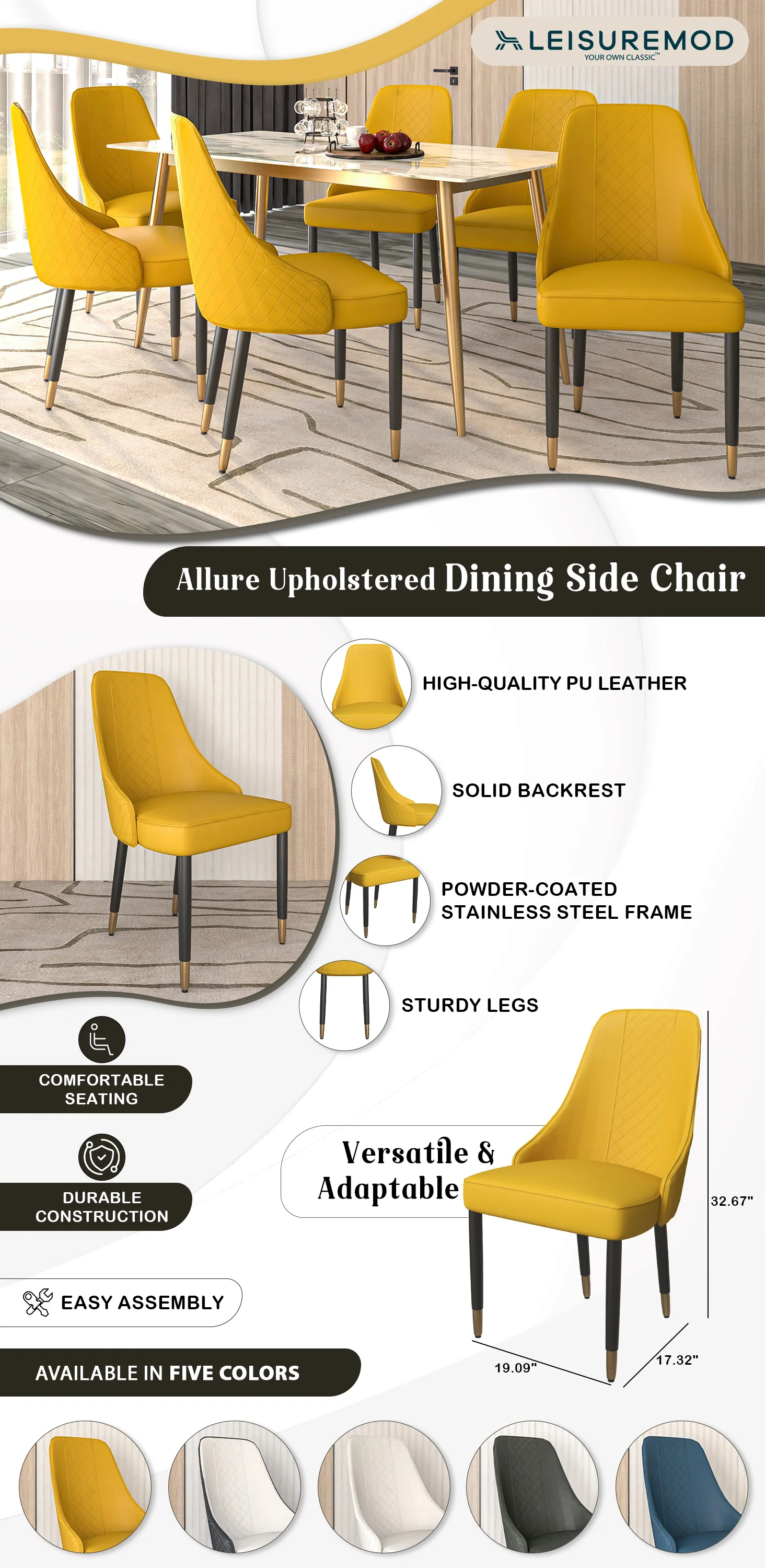 Allure Collection Modern Dining Chair In Mustard Yellow