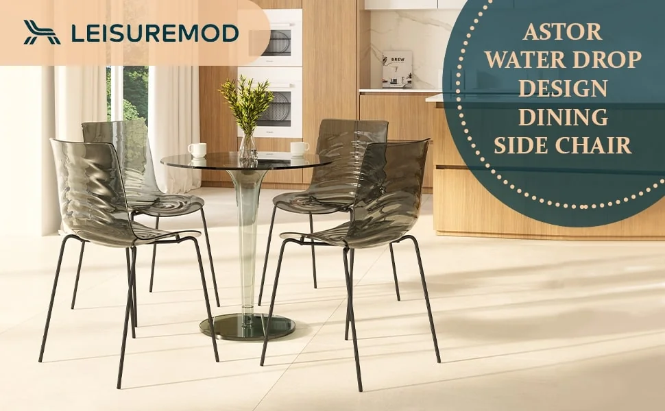 Astor Water Ripple Design Dining Chair in Black Base Trans Black Seat Set of 4