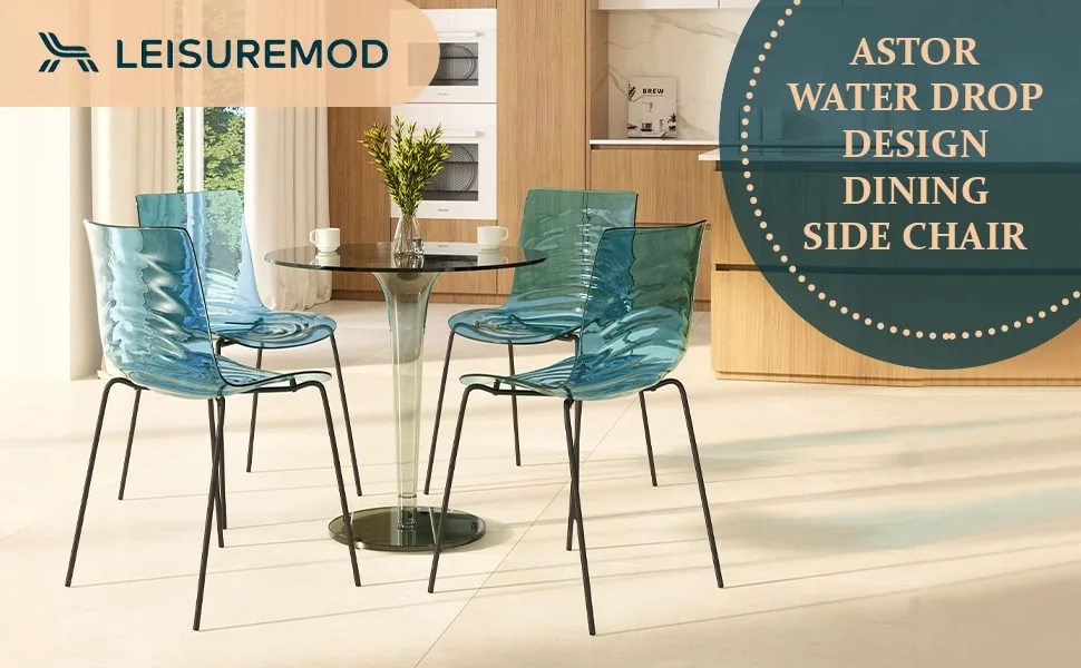 Astor Water Ripple Design Dining Chair in Black Base Trans Blue Seat Set of 4