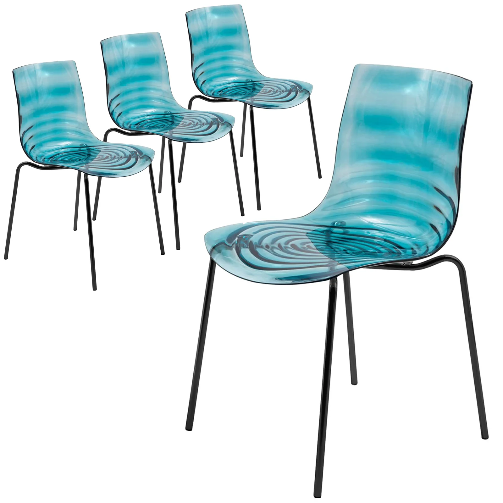 Astor Water Ripple Design Dining Chair in Black Base Trans Blue Seat Set of 4