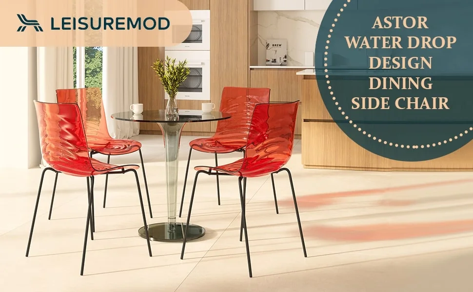 Astor Water Ripple Design Dining Chair in Black Base Trans Red Seat Set of 2