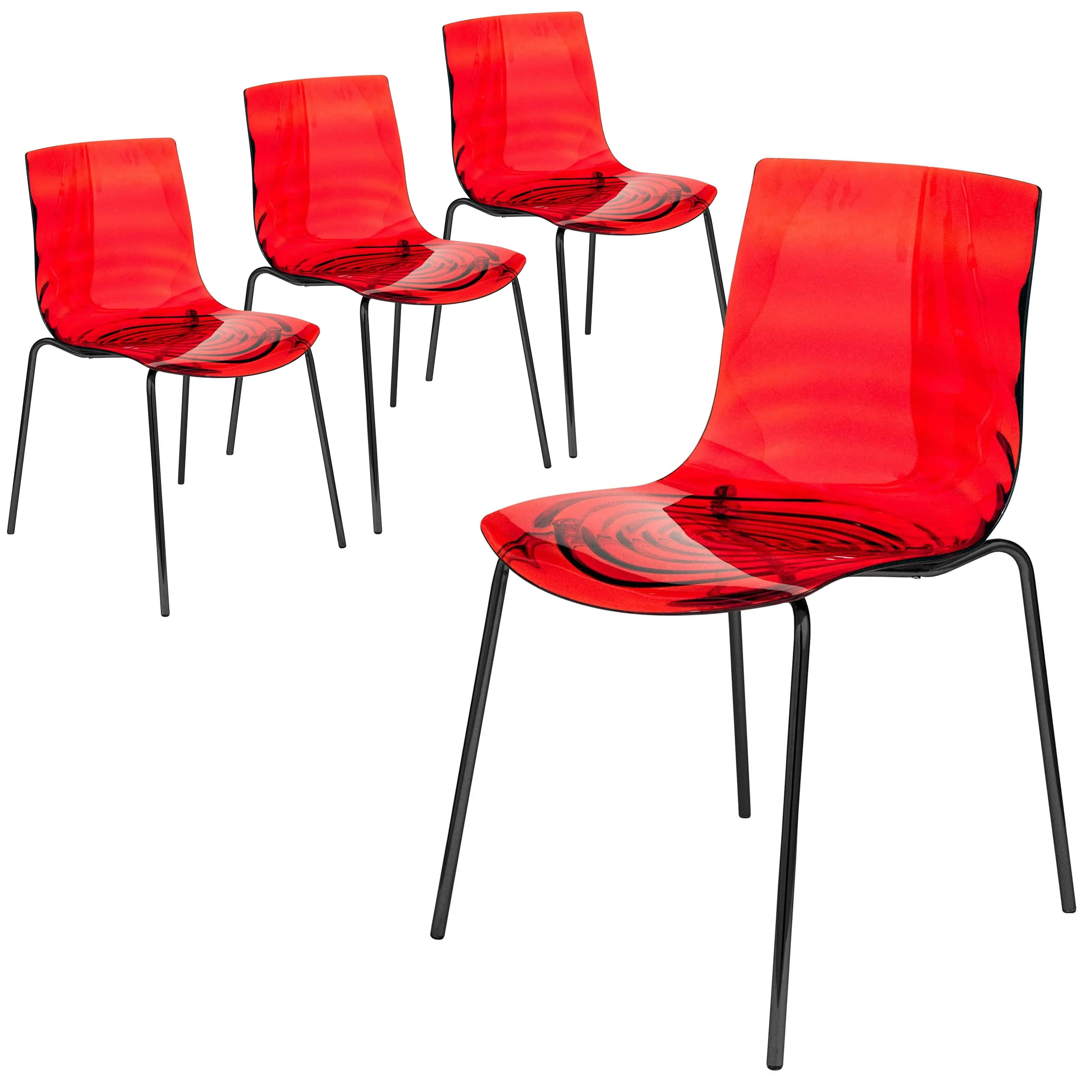 Astor Water Ripple Design Dining Chair in Black Base Trans Red Seat Set of 4