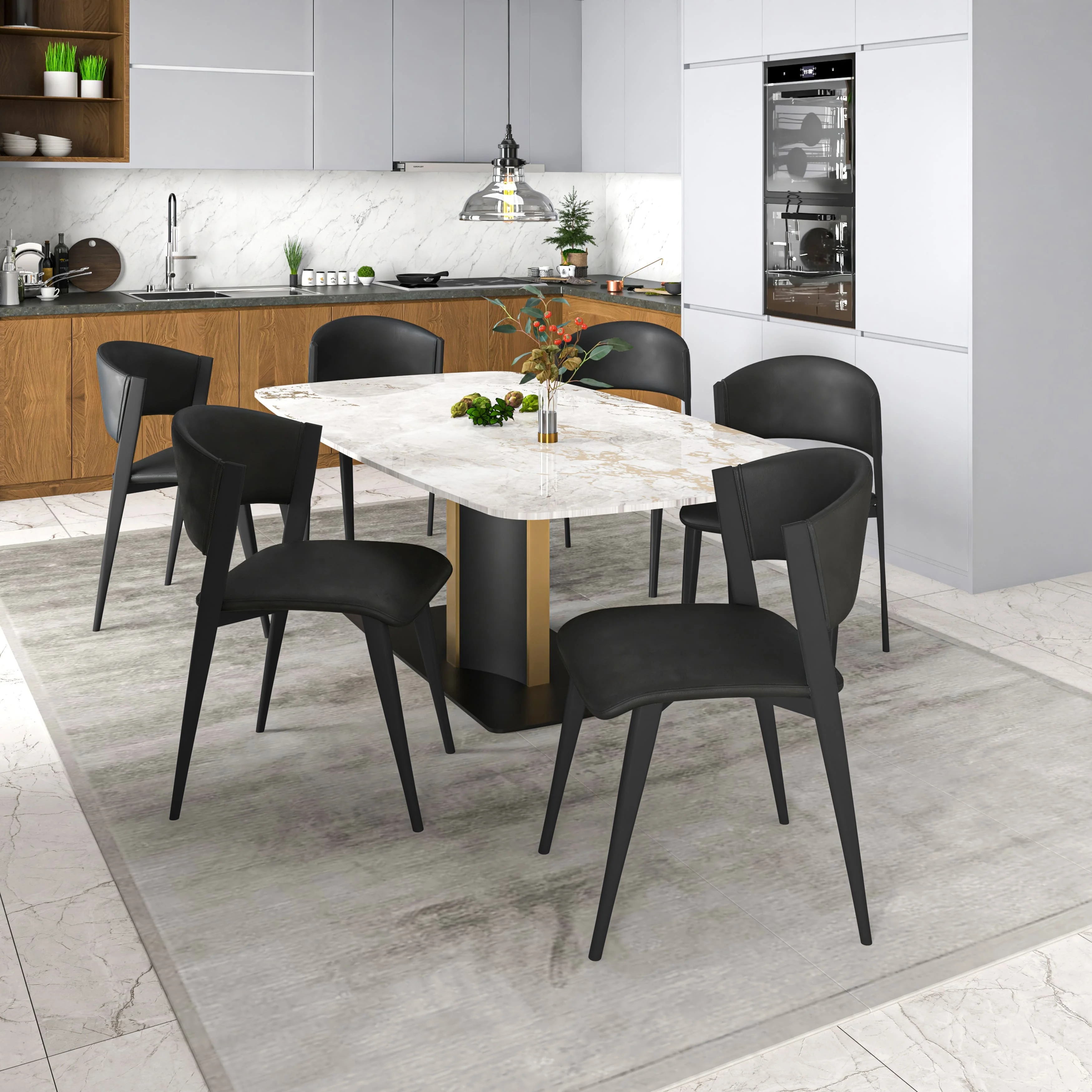 7-Piece Dining Set with Rectangular Dining Table in Sintered Stone Top and 6 Leather Dining Side Chairs
