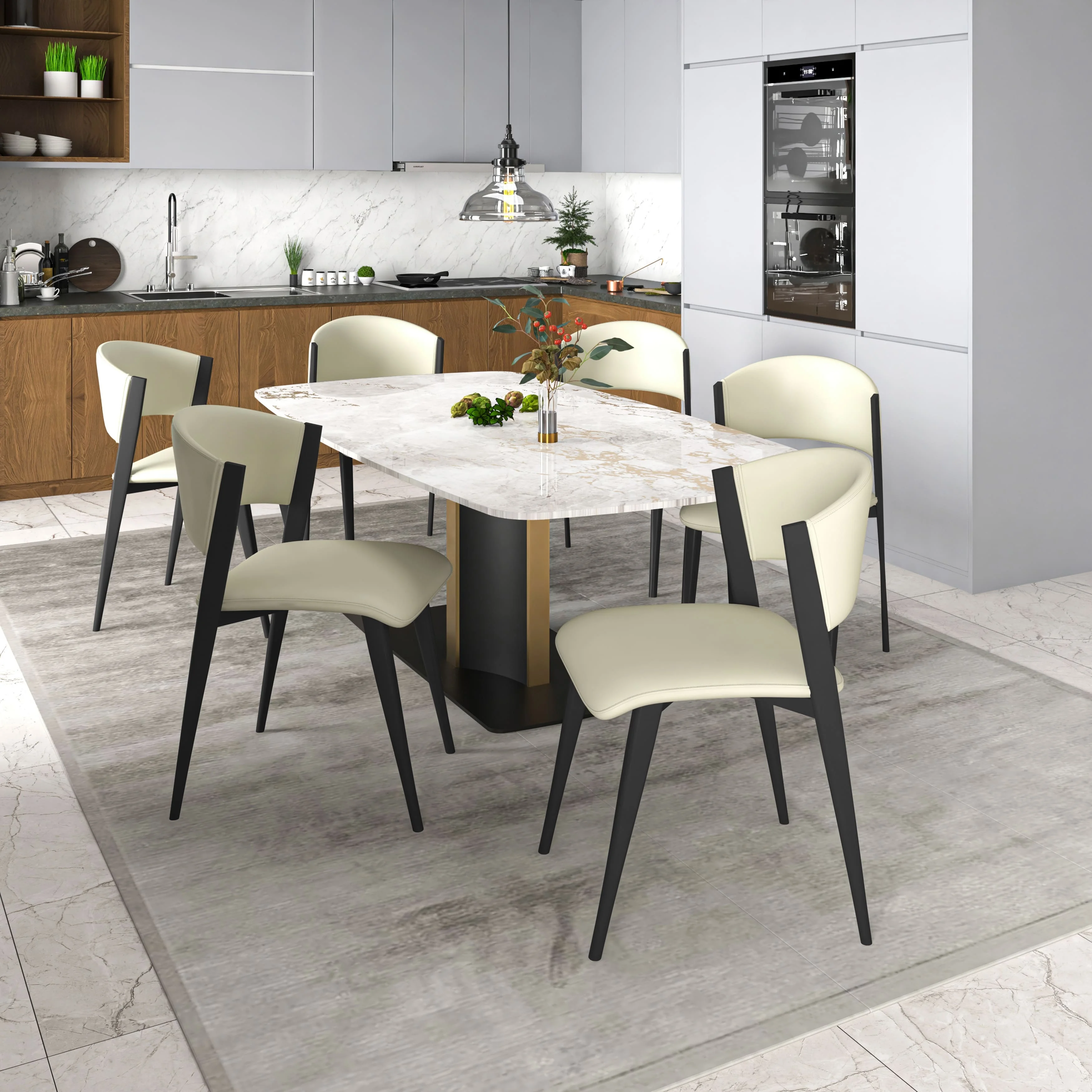 7-Piece Dining Set with Rectangular Dining Table in Sintered Stone Top and 6 Leather Dining Side Chairs