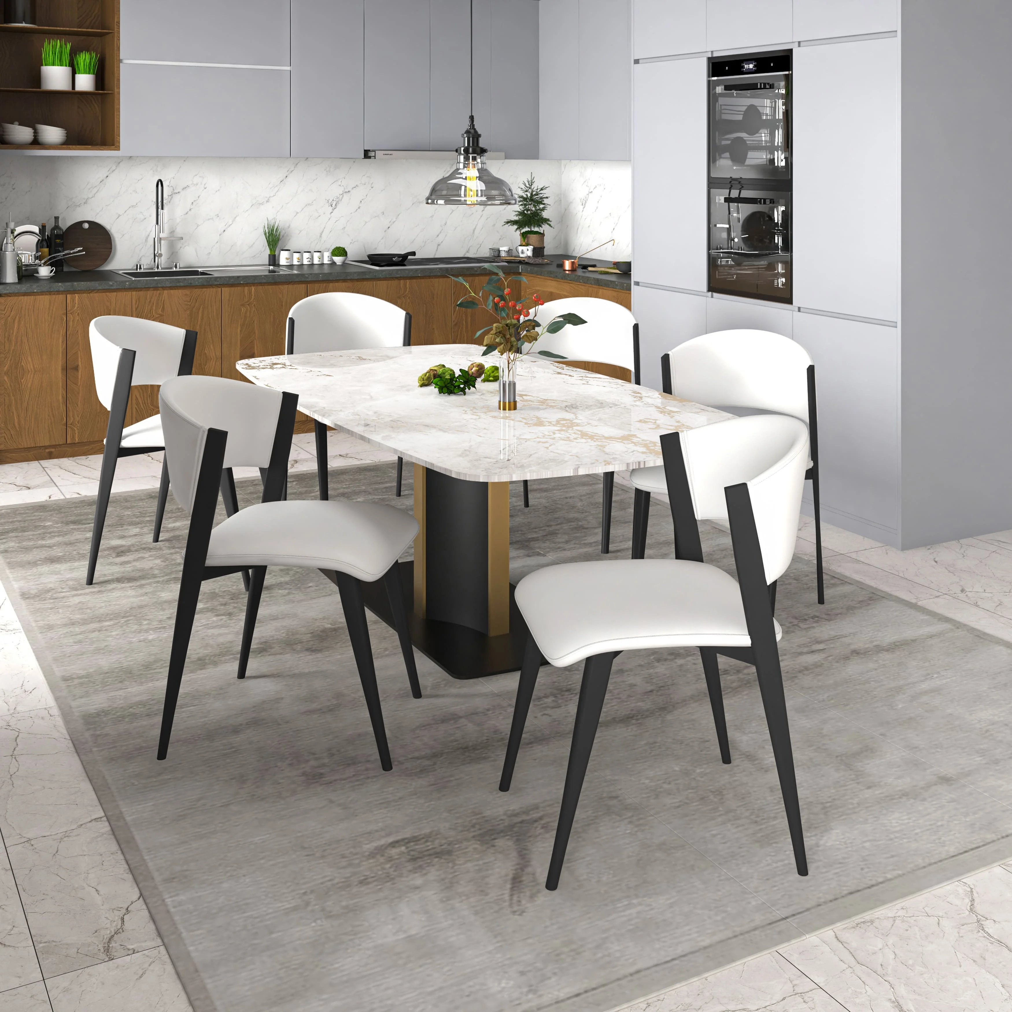 7-Piece Dining Set with Rectangular Dining Table in Sintered Stone Top and 6 Leather Dining Side Chairs