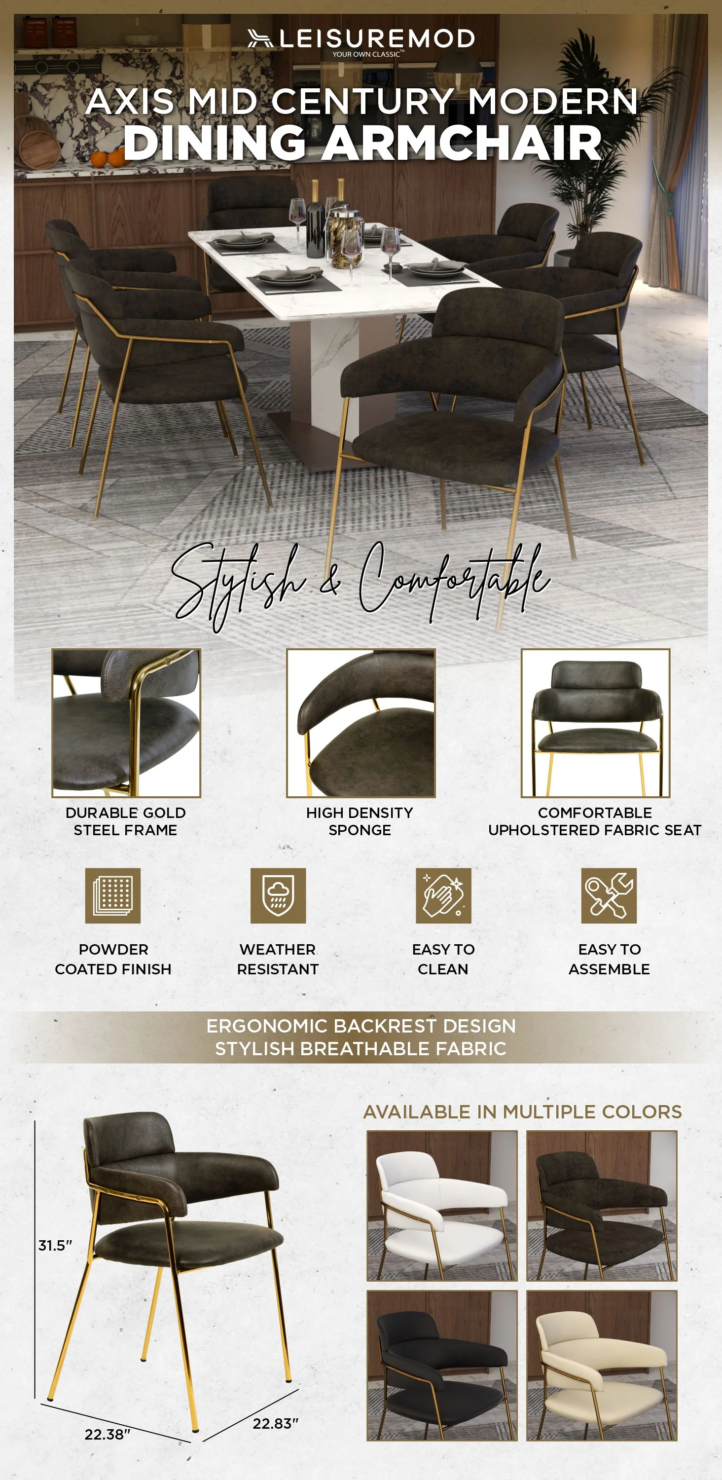 Axis Collection Modern Gold Dining Chair in Charcoal