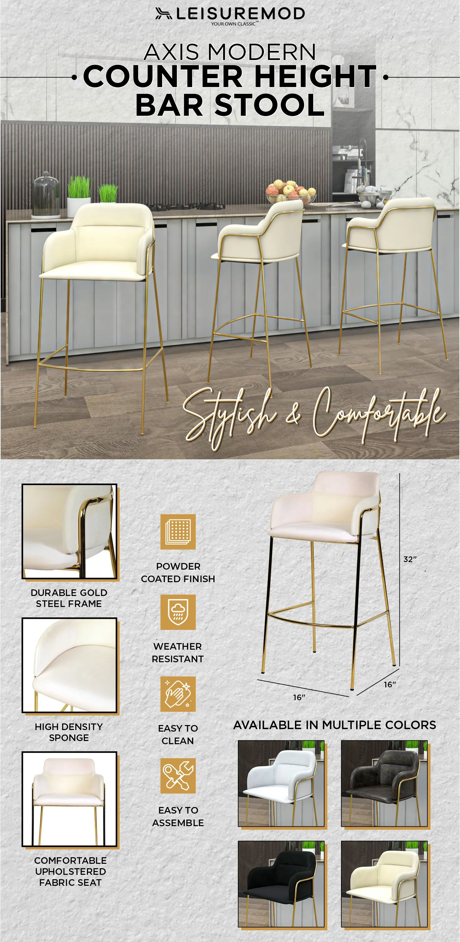 Axis Collection Modern Gold Bar height Chair in Biege