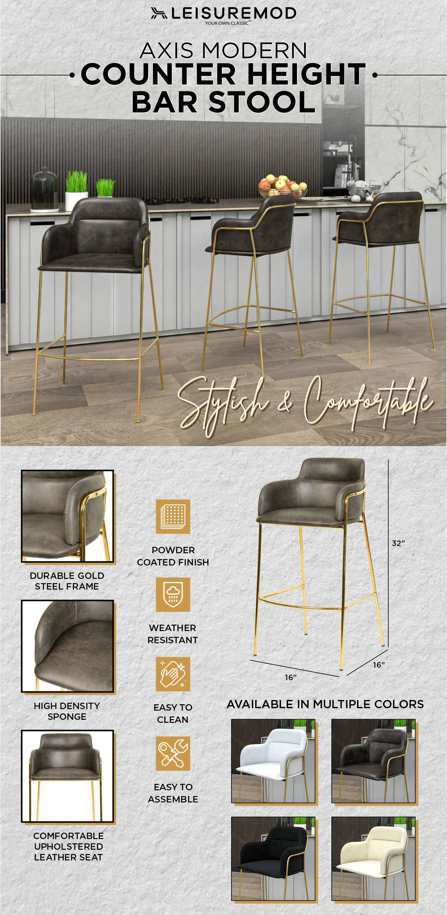 Axis Collection Modern Gold Bar height Chair in Charcoal