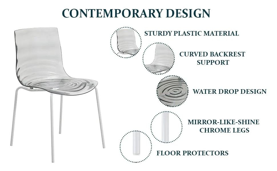 Astor Water Ripple Design Dining Chair in White Base Trans Black Seat Set of 4