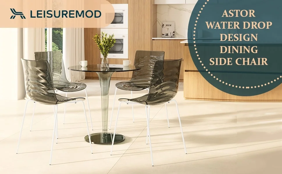 Astor Water Ripple Design Dining Chair in White Base Trans Black Seat Set of 4