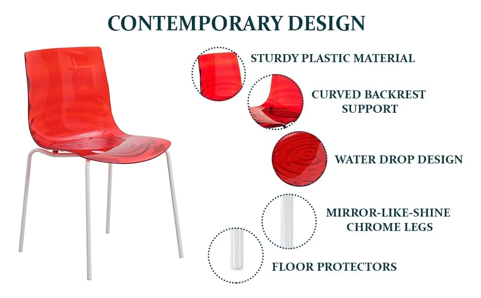 Astor Water Ripple Design Dining Chair in White Base Trans Red Seat Set of 4