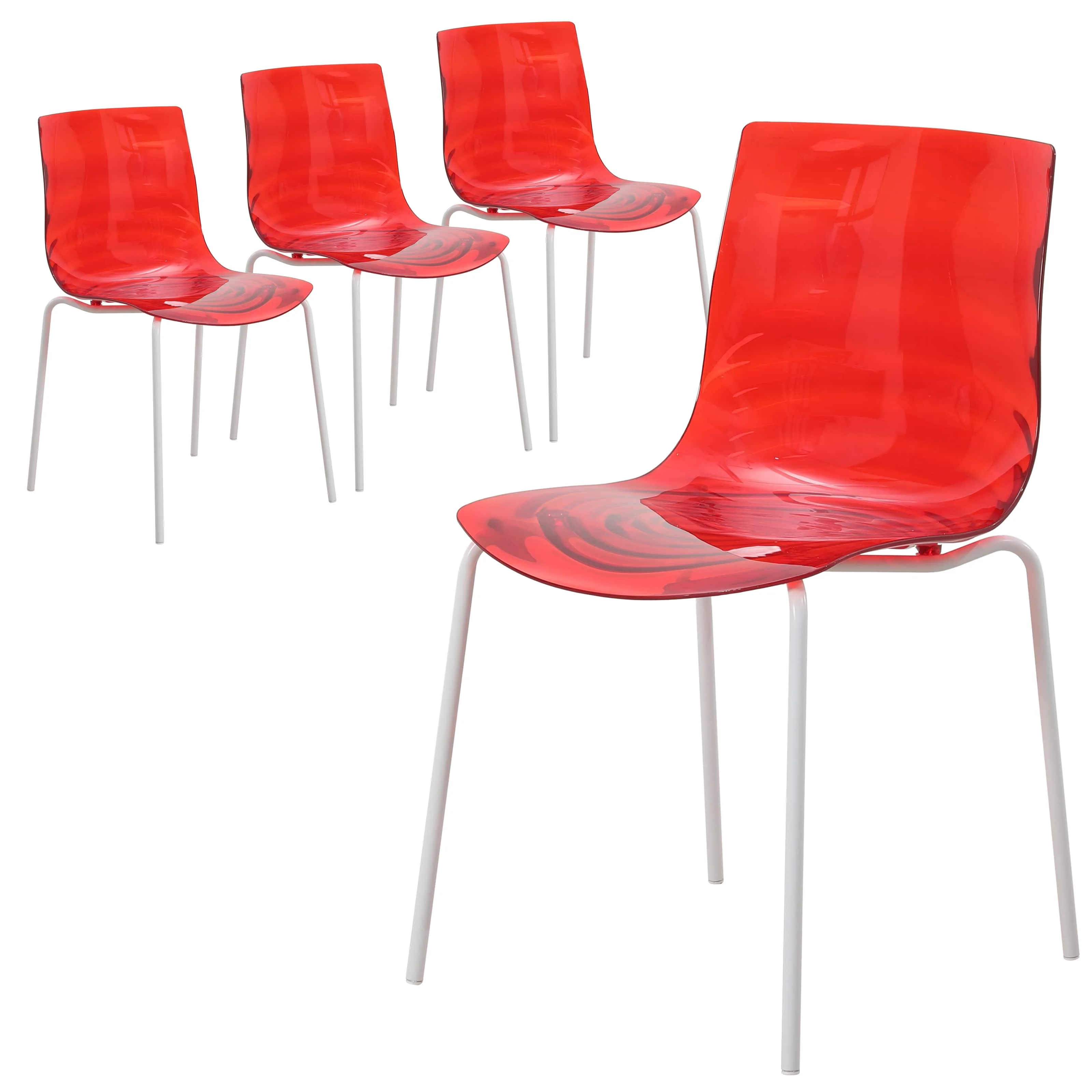 Astor Water Ripple Design Dining Chair in White Base Trans Red Seat Set of 4