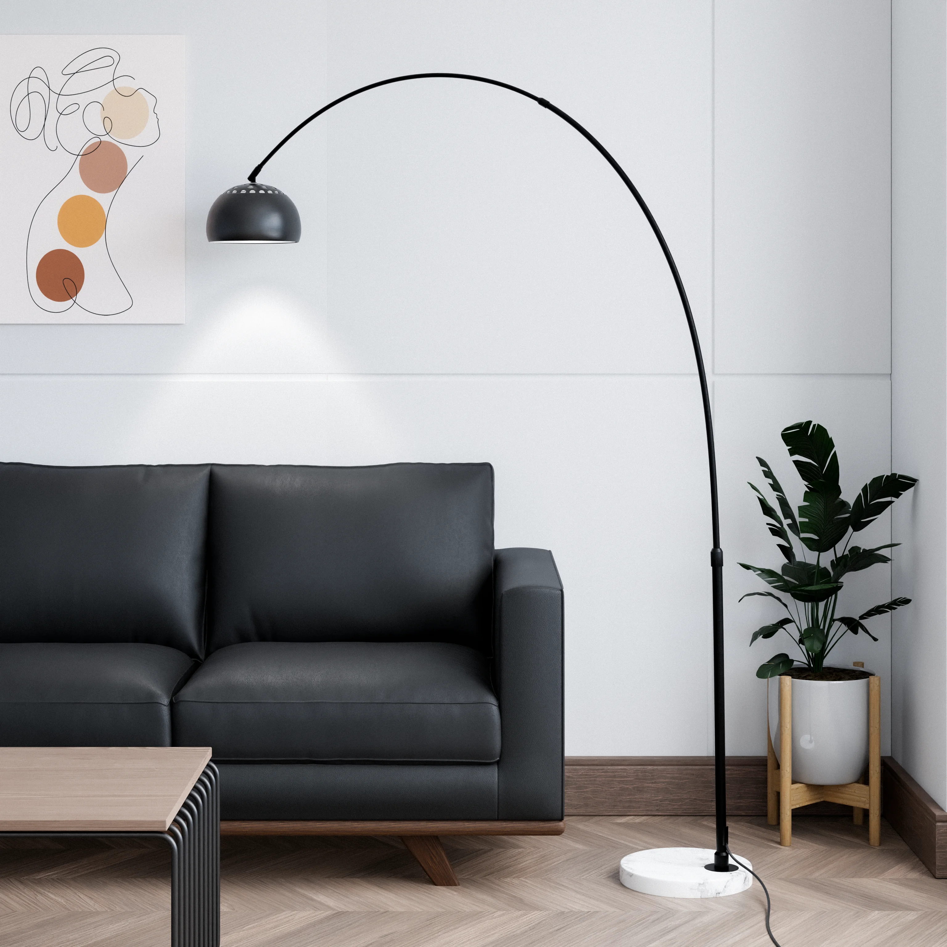 Arco Mid-Century Modern Arched Floor Lamp 75.6" Height with White Round Marble Base and Metal Dome Lamp Shade for Living Room and Bedroom