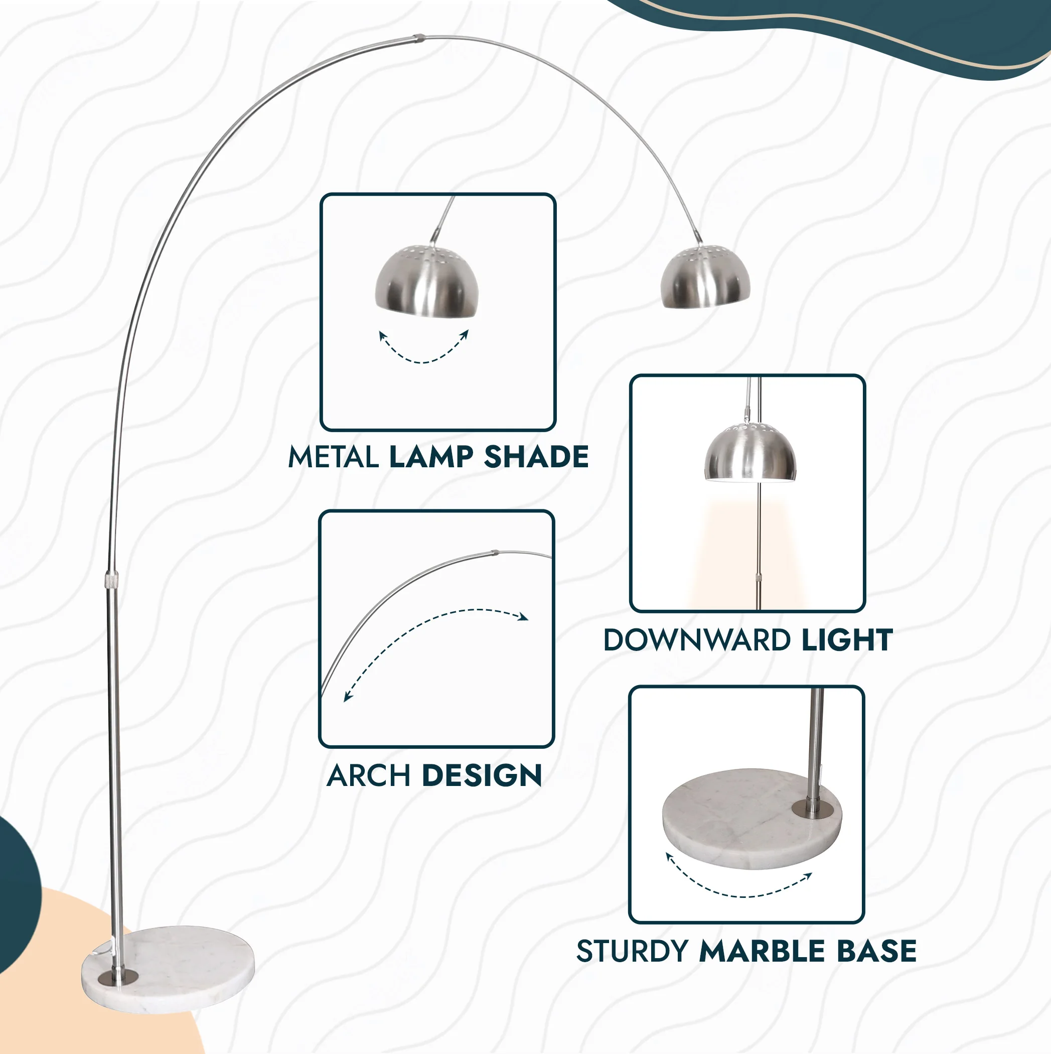 Arco Mid-Century Modern Arched Floor Lamp 75.6" Height with White Round Marble Base and Metal Dome Lamp Shade for Living Room and Bedroom