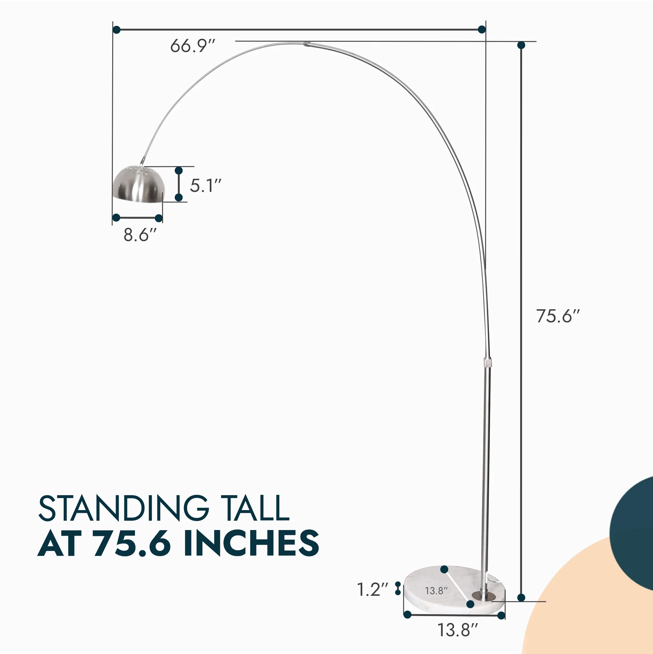 Arco Mid-Century Modern Arched Floor Lamp 75.6" Height with White Round Marble Base and Metal Dome Lamp Shade for Living Room and Bedroom