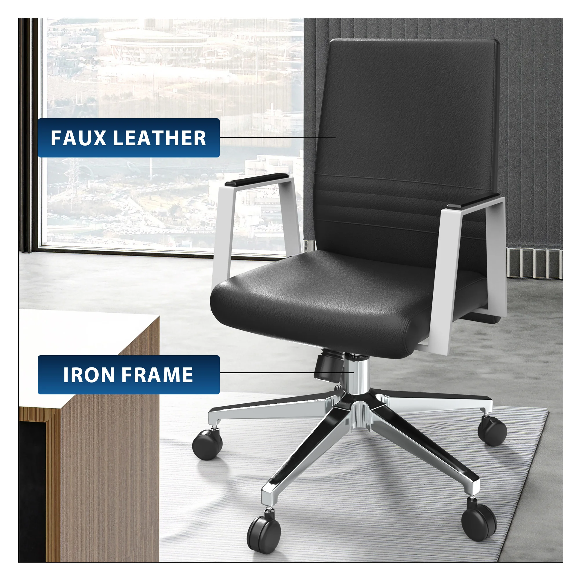 Aleen Office Chair in Upholstered Leather and Iron Frame with Swivel and Tilt in Black