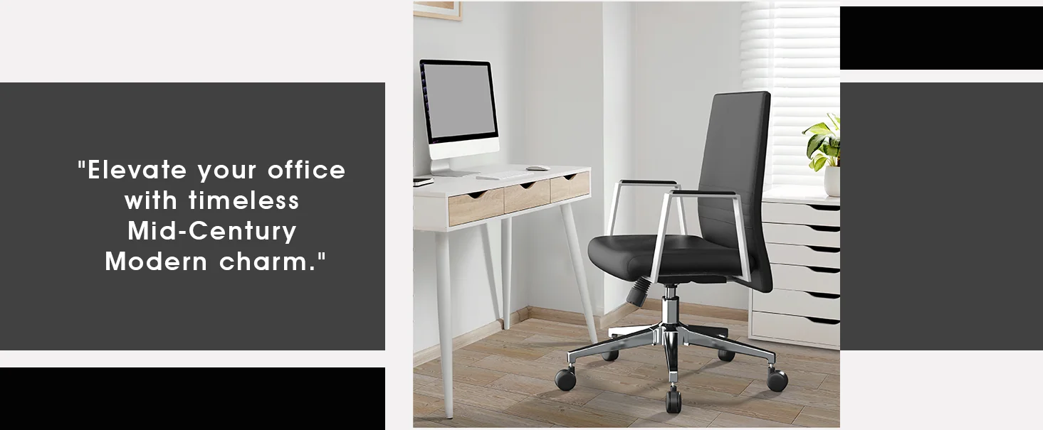 Aleen Office Chair in Upholstered Leather and Iron Frame with Swivel and Tilt in Black