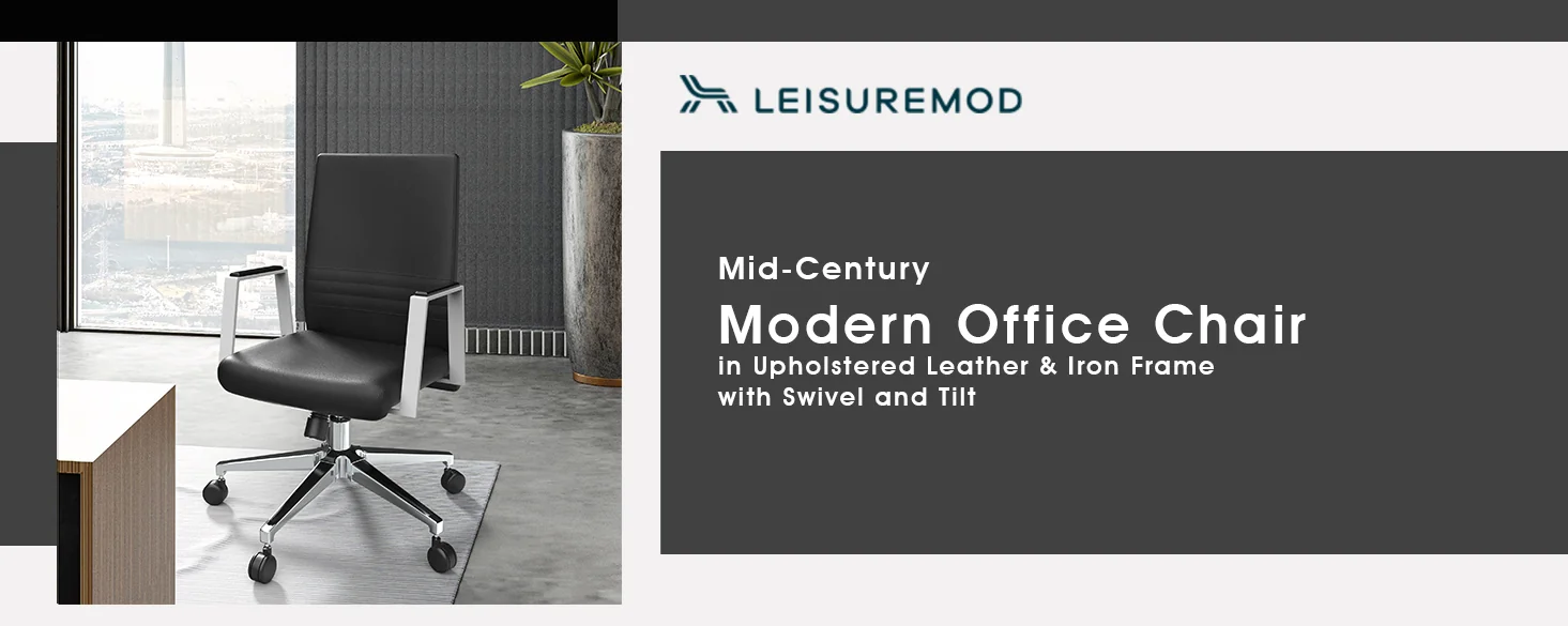 Aleen Office Chair in Upholstered Leather and Iron Frame with Swivel and Tilt in Black