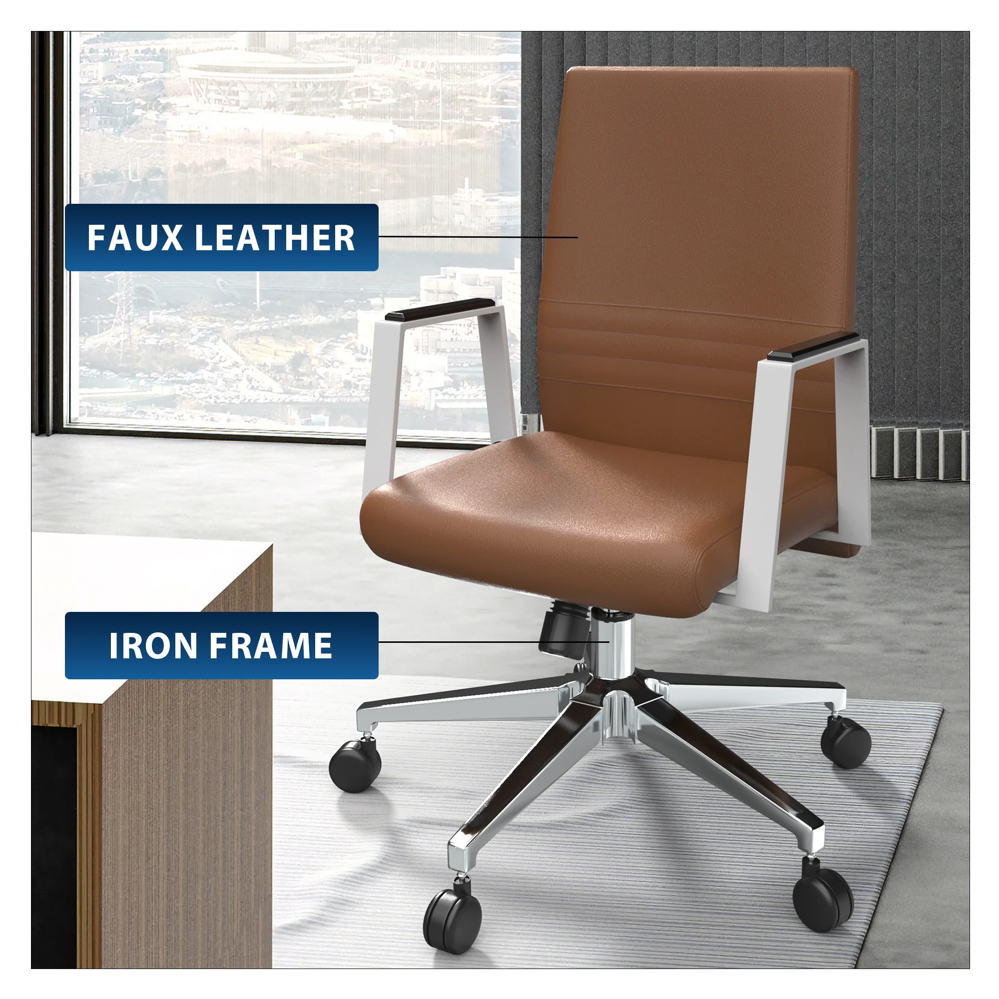 Aleen Office Chair in Upholstered Leather and Iron Frame with Swivel and Tilt in Dark Brown