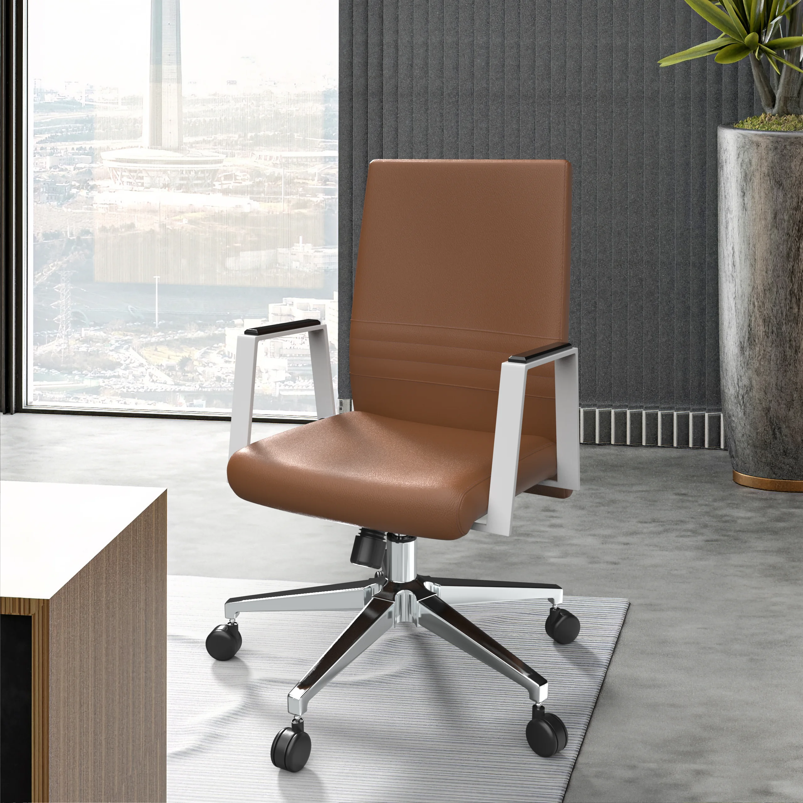Aleen Office Chair in Upholstered Leather and Iron Frame with Swivel and Tilt in Dark Brown