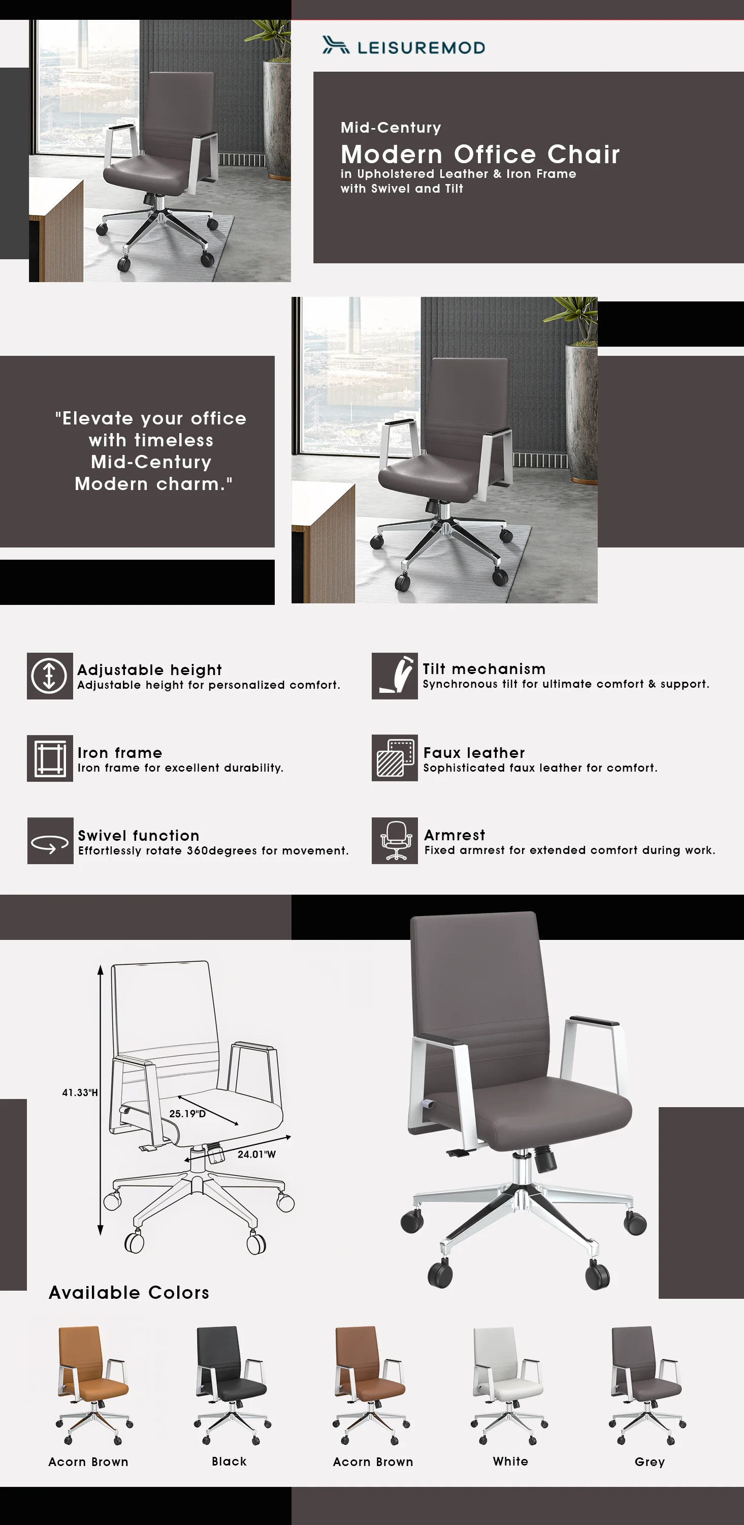 Aleen Office Chair in Upholstered Leather and Iron Frame with Swivel and Tilt in Grey